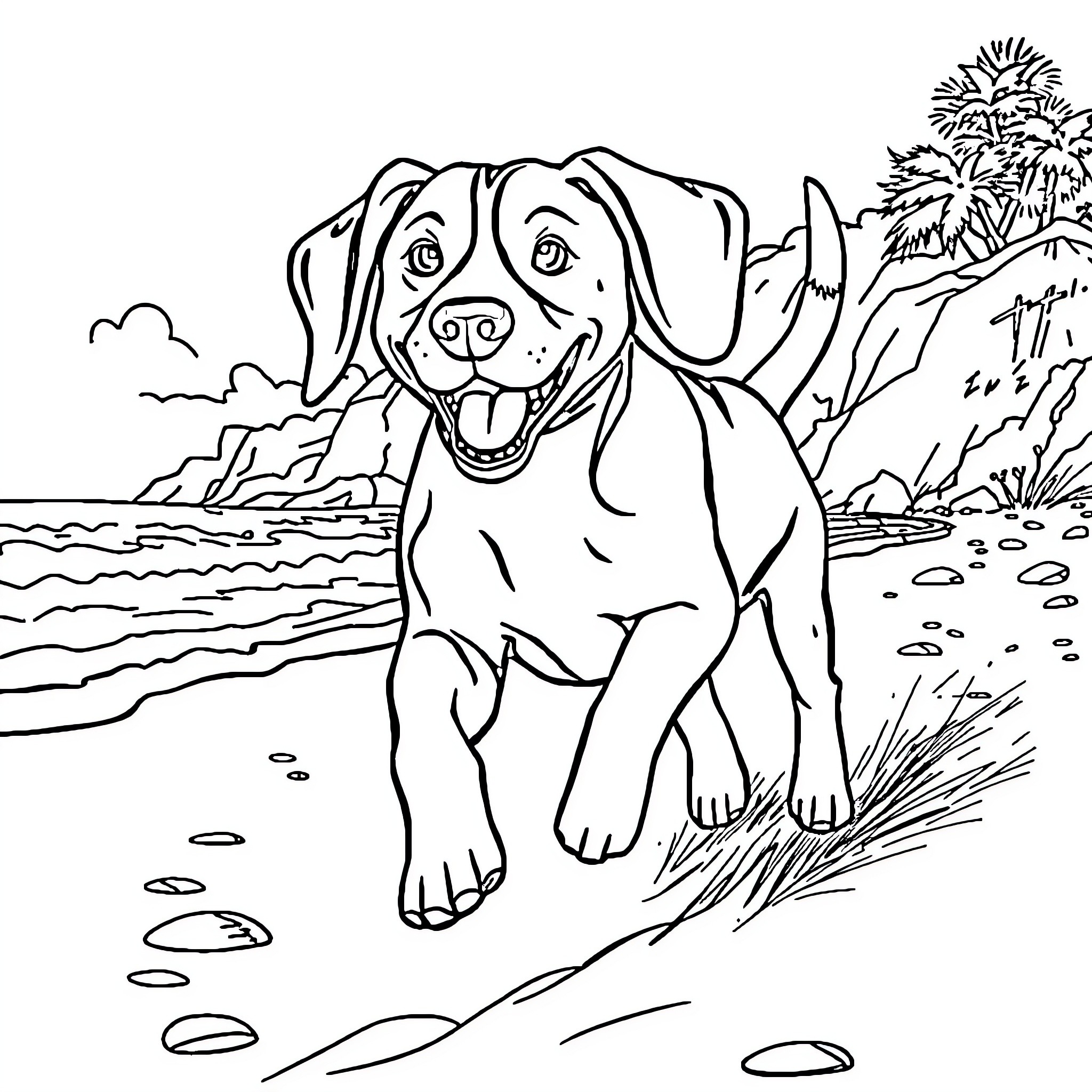 Beagle enjoying a day at the beach Coloring Page (free black-and-white line drawing printable PDF for all, from beginners to advanced learners, including children, teens, adults, and seniors)