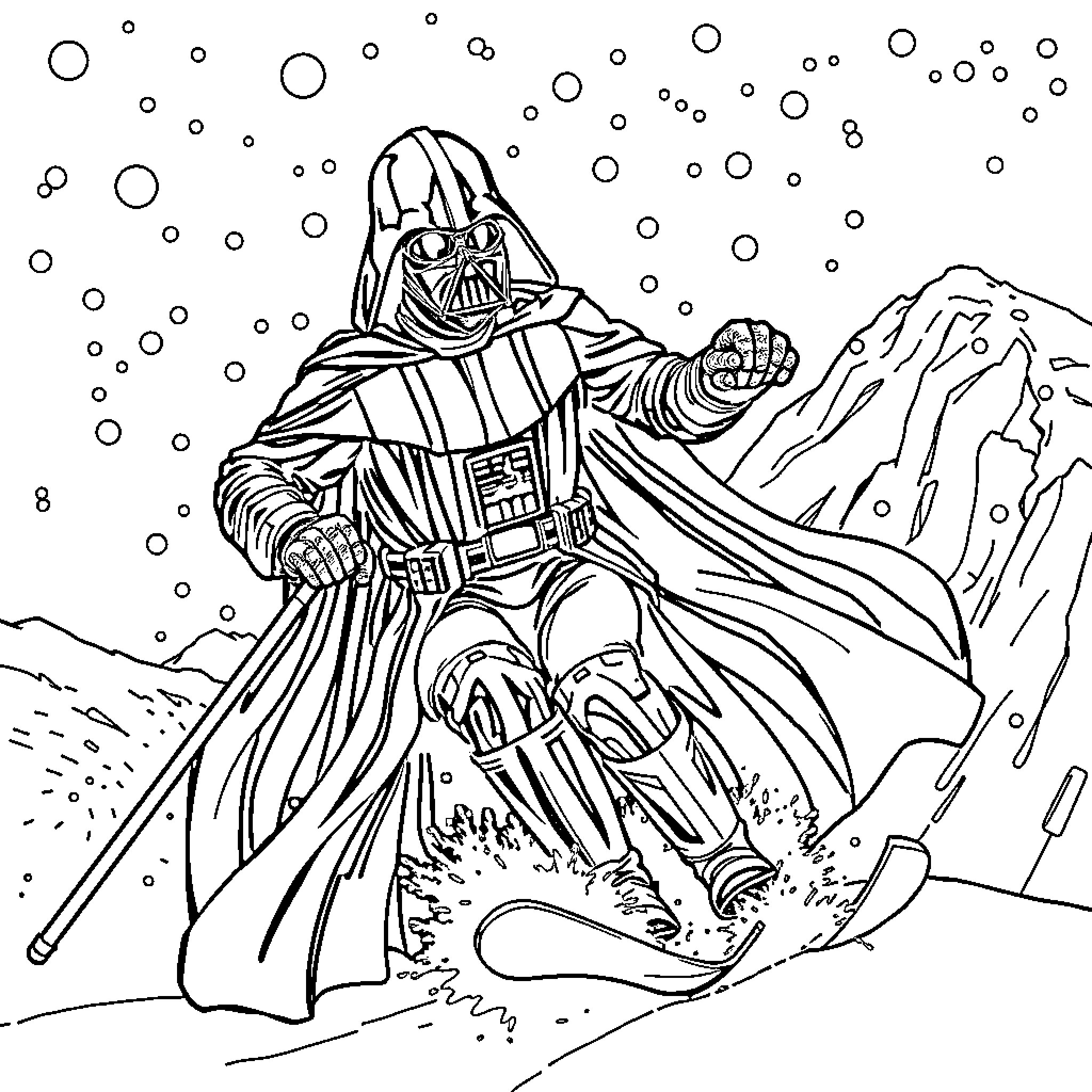 Darth Vader in a wintry landscape Coloring Page (free black-and-white line drawing printable PDF for all, from beginners to advanced learners, including children, teens, adults, and seniors)