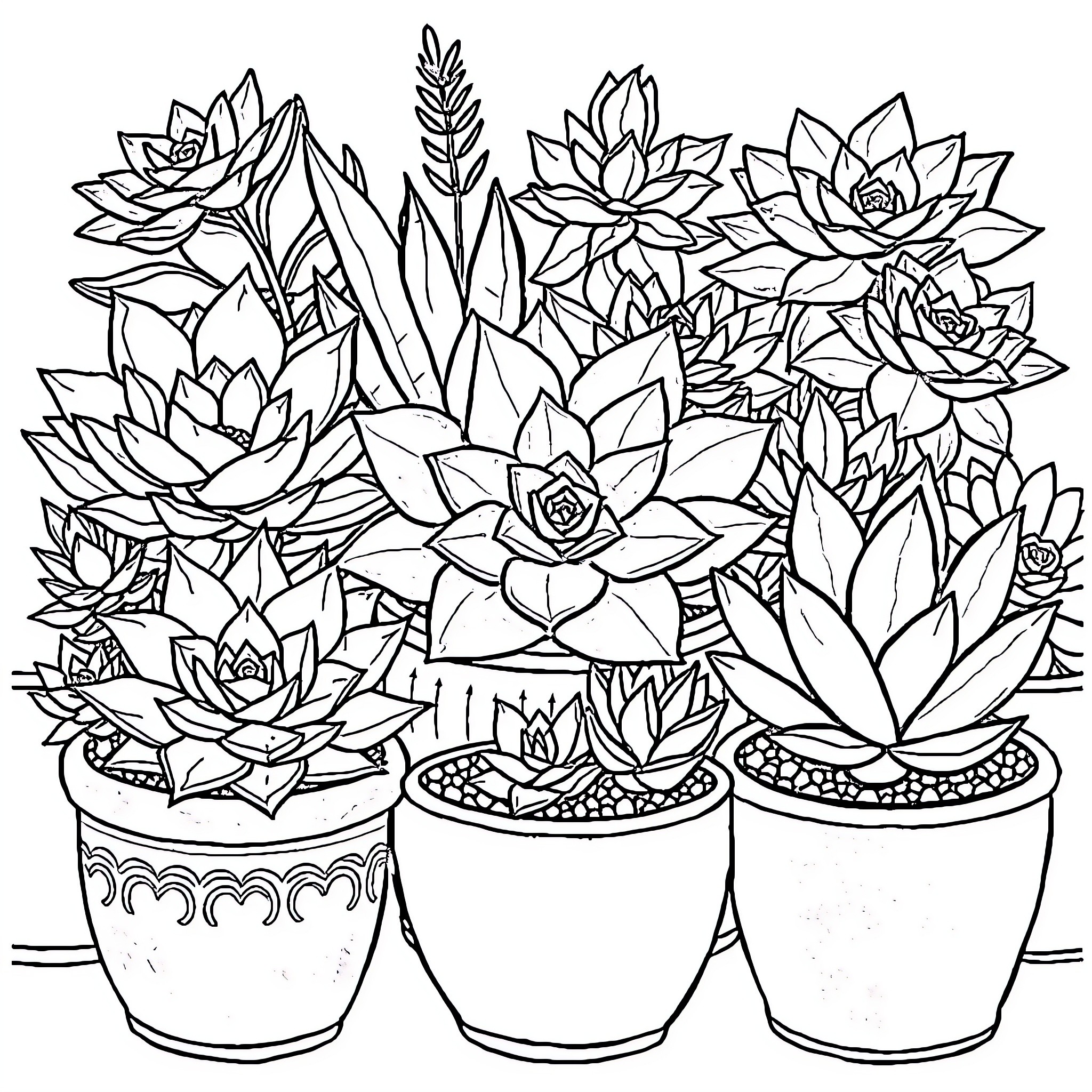 Succulent plants in colorful pots Coloring Page (free black-and-white line drawing printable PDF for all, from beginners to advanced learners, including children, teens, adults, and seniors)