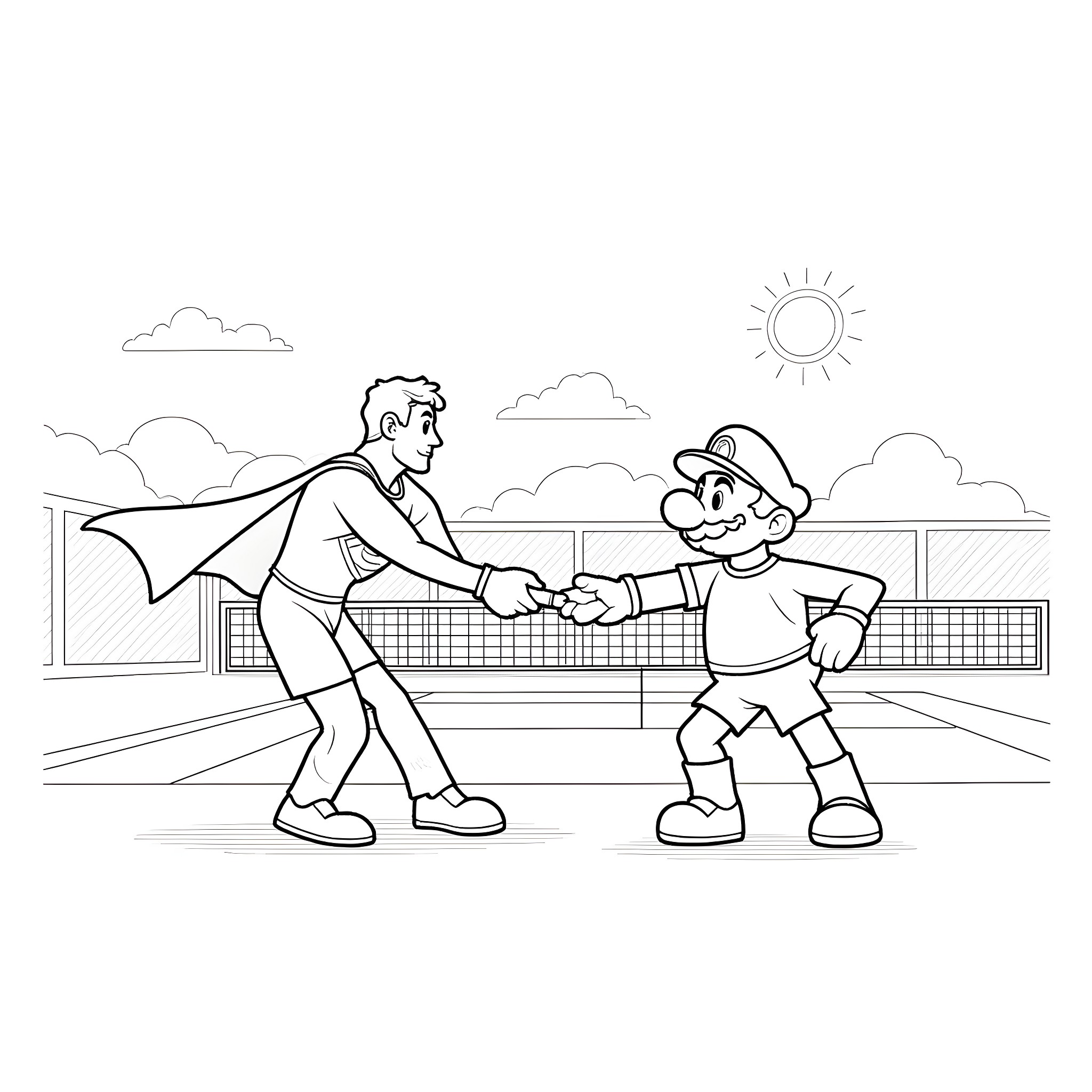 Superman congratulating a young hero on the tennis court Coloring Page (free black-and-white line drawing printable PDF for all, from beginners to advanced learners, including children, teens, adults, and seniors)