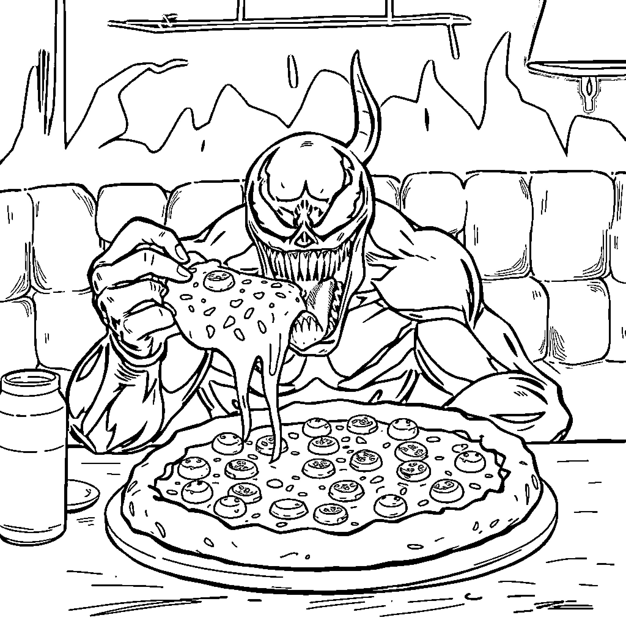 Venom enjoying a grotesque pizza feast Coloring Page (free black-and-white line drawing printable PDF for all, from beginners to advanced learners, including children, teens, adults, and seniors)