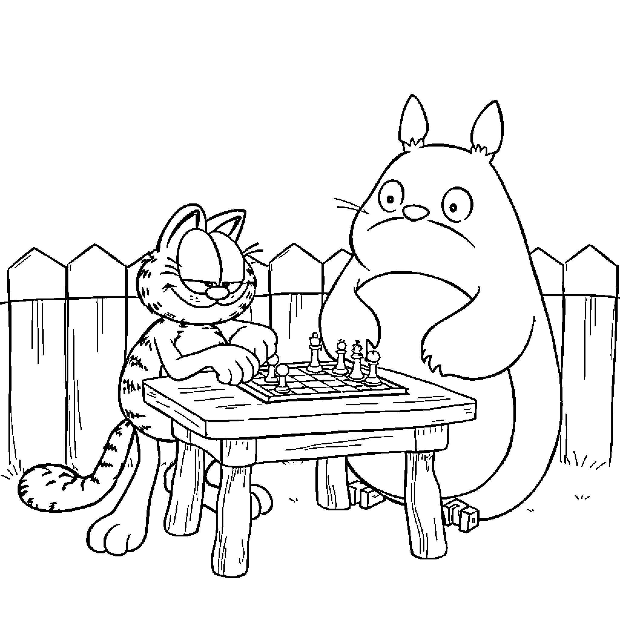 Garfield and Totoro play chess in the backyard Coloring Page (free black-and-white line drawing printable PDF for all, from beginners to advanced learners, including children, teens, adults, and seniors)