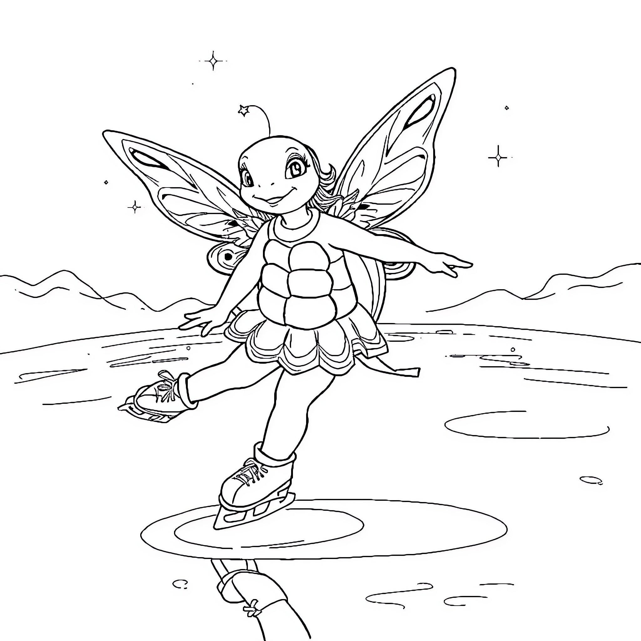 Turtle Fairy Skating on Frozen Pond Coloring Page (free black-and-white line drawing printable PDF for all, from beginners to advanced learners, including children, teens, adults, and seniors)