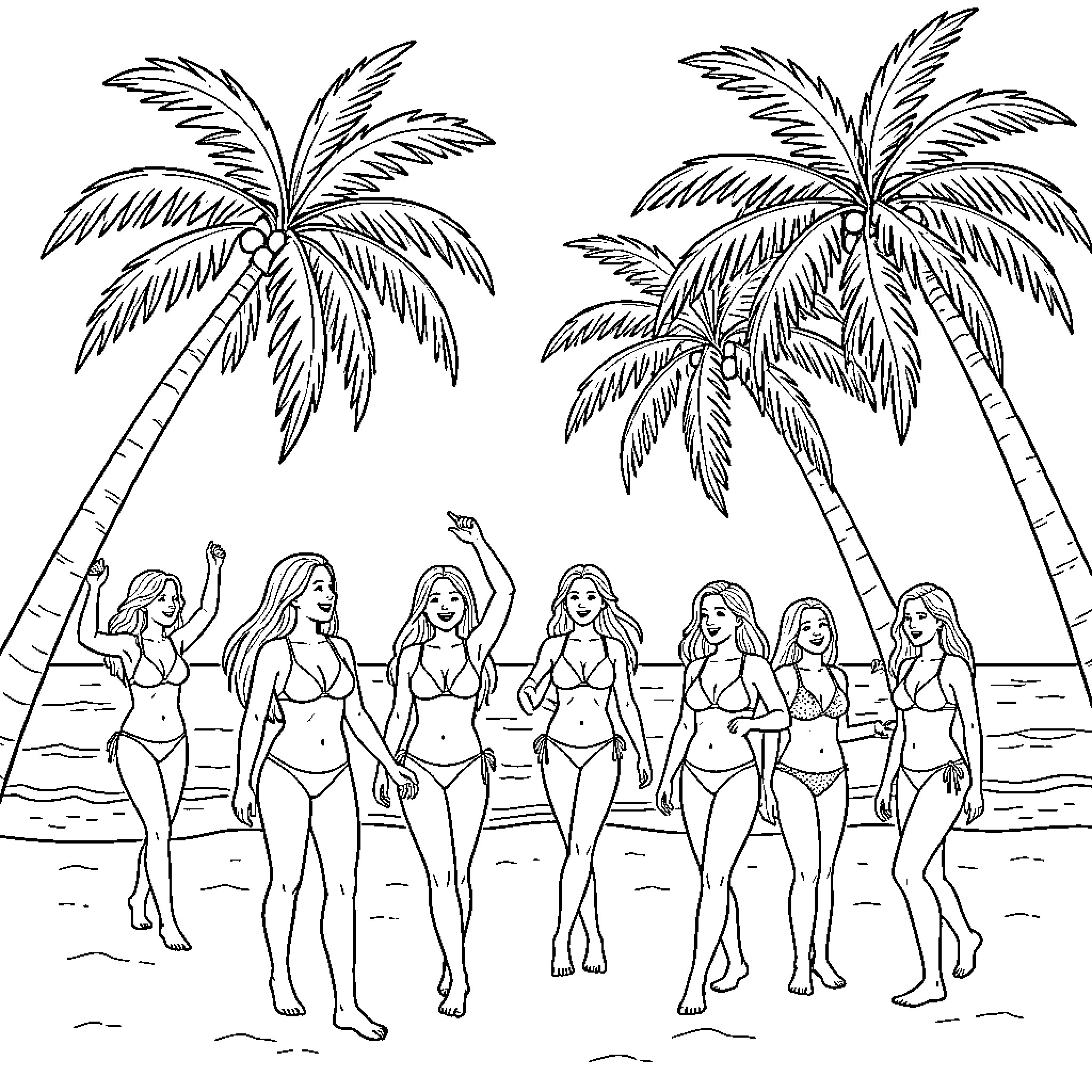 Woman and friends walking happily on a tropical beach Coloring Page (free black-and-white line drawing printable PDF for all, from beginners to advanced learners, including children, teens, adults, and seniors)