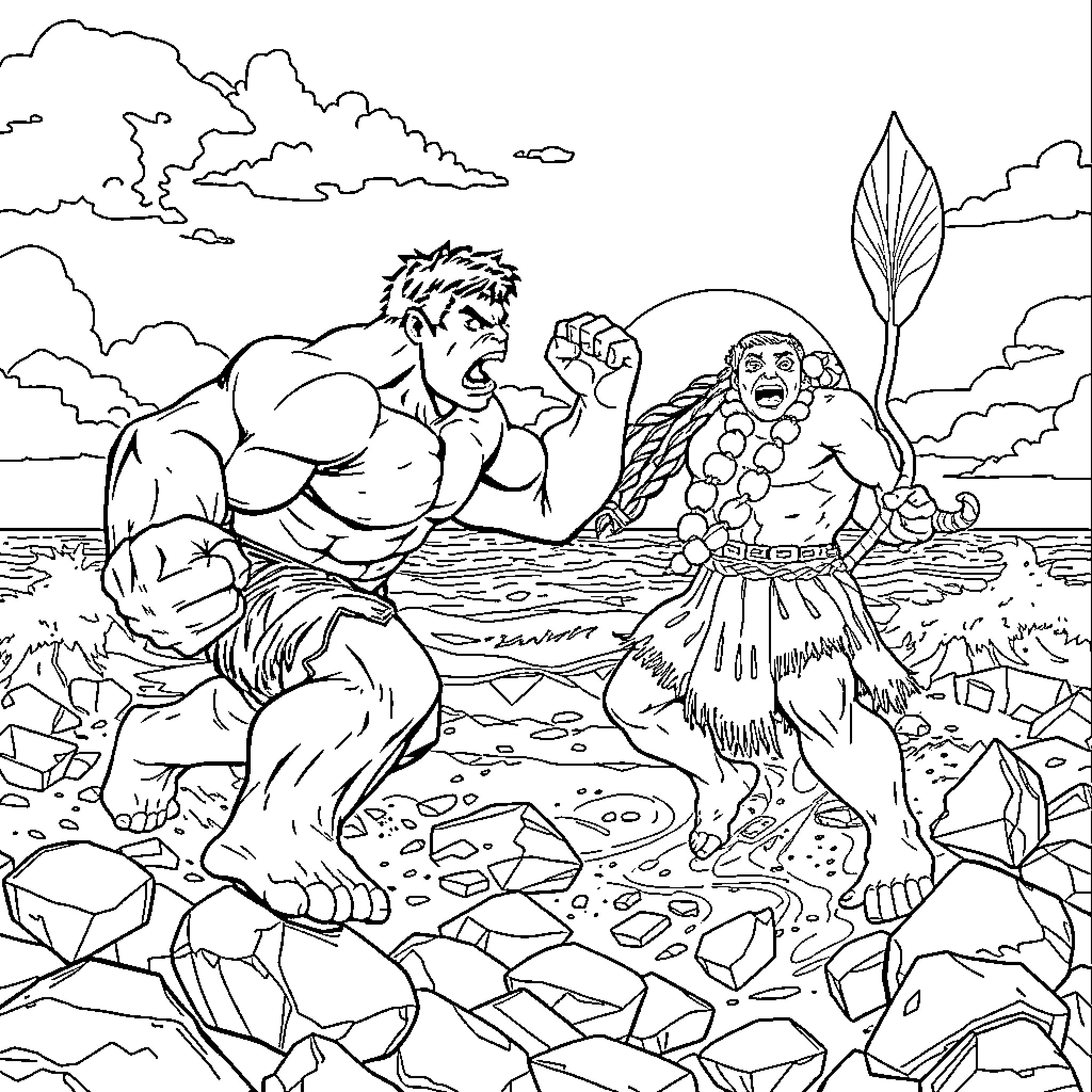 Hulk battles a fierce tribal warrior in the wilderness Coloring Page (free black-and-white line drawing printable PDF for all, from beginners to advanced learners, including children, teens, adults, and seniors)