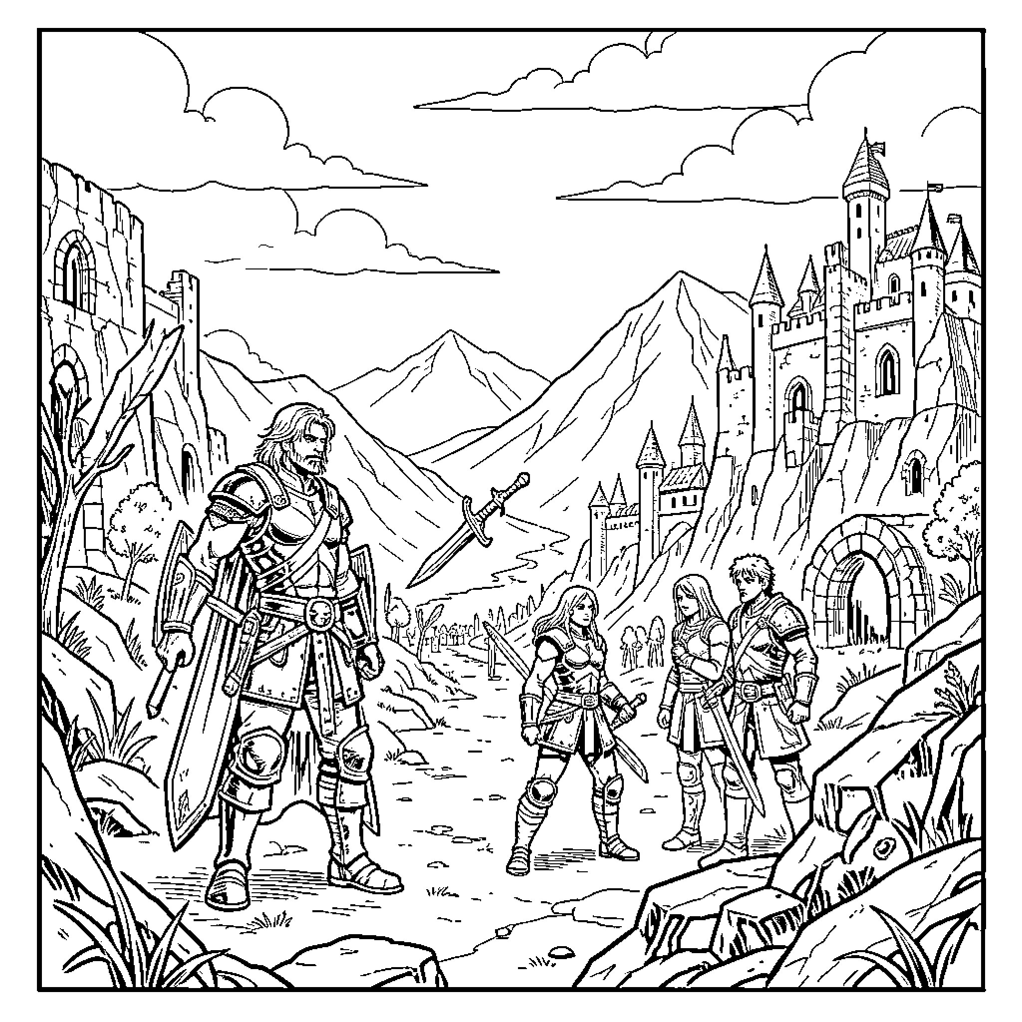 Berserk Warriors Journeying through Fantastical Landscapes Coloring Page (free black-and-white line drawing printable PDF for all, from beginners to advanced learners, including children, teens, adults, and seniors)
