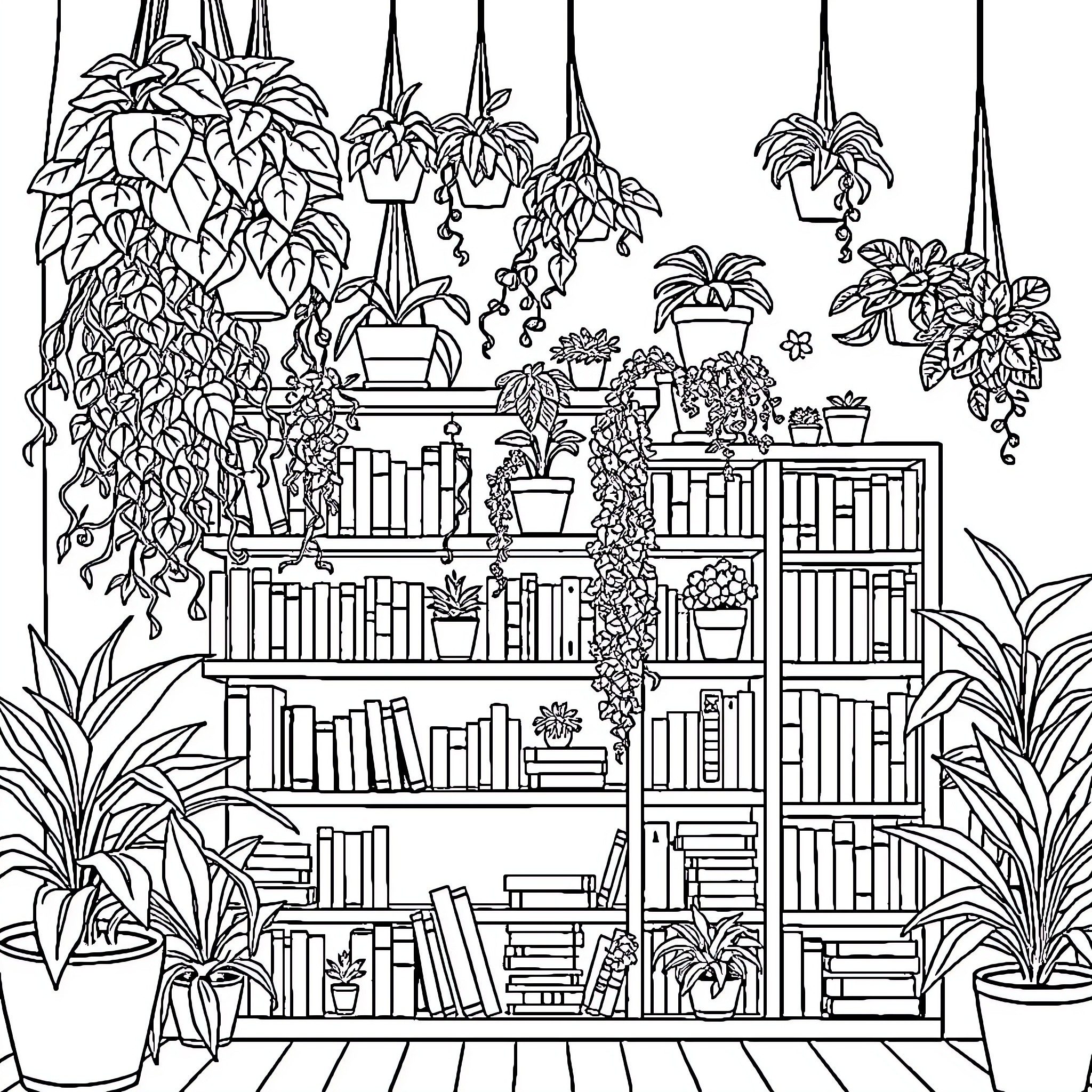 Plant Filled Indoor Sanctuary with Bookshelves Coloring Page (free black-and-white line drawing printable PDF for all, from beginners to advanced learners, including children, teens, adults, and seniors)