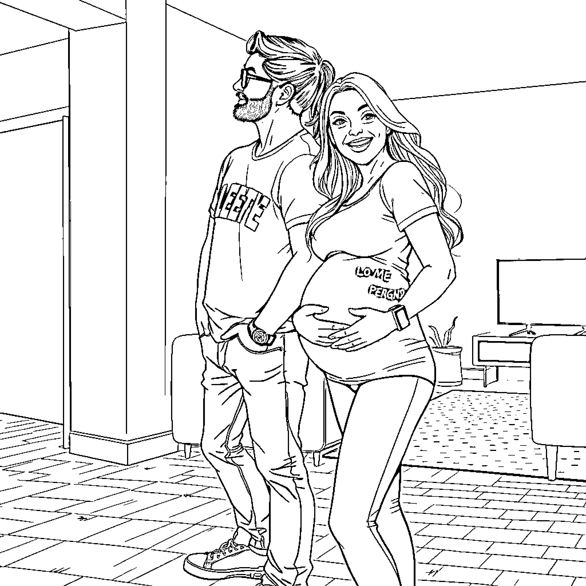 Couple in casual outfits enjoying a moment together Coloring Page (free black-and-white line drawing printable PDF for all, from beginners to advanced learners, including children, teens, adults, and seniors)