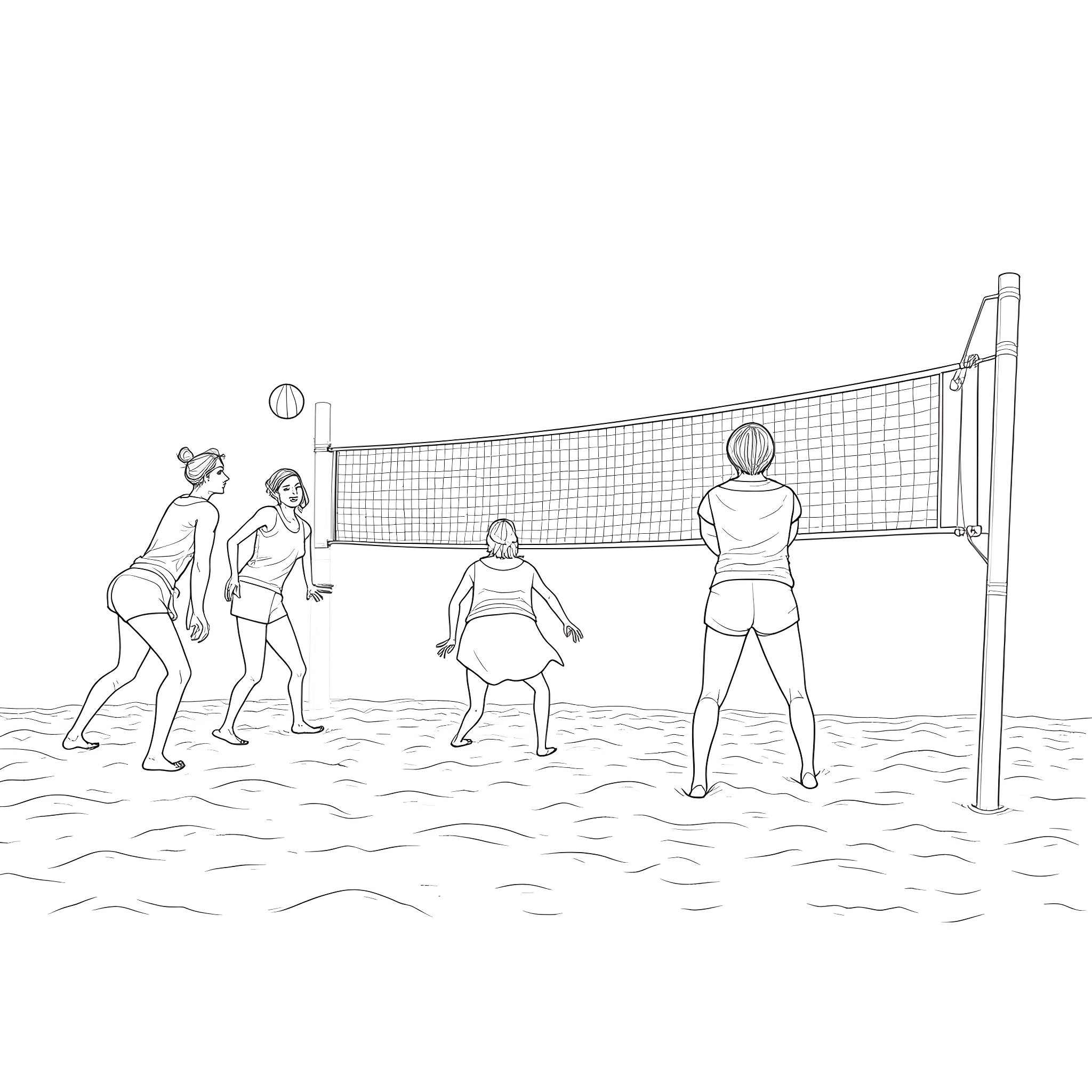Beach Volleyball Players Competing on the Sand Coloring Page (free black-and-white line drawing printable PDF for all, from beginners to advanced learners, including children, teens, adults, and seniors)