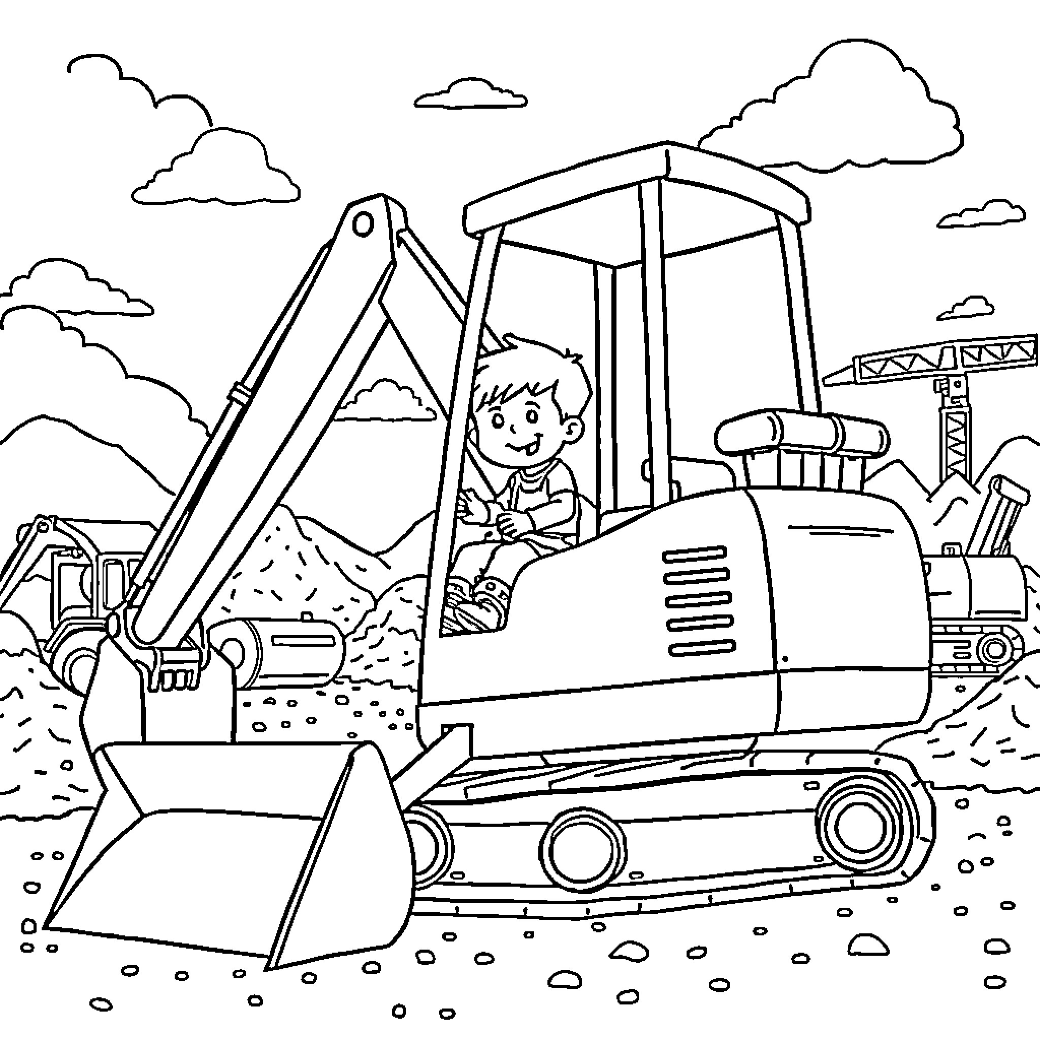 Boy operating construction equipment at work site Coloring Page (free black-and-white line drawing printable PDF for all, from beginners to advanced learners, including children, teens, adults, and seniors)