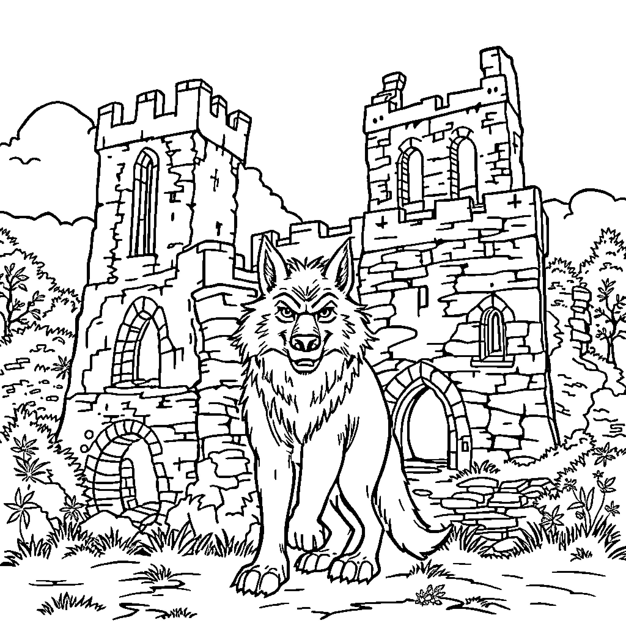 Werewolf guarding an ancient castle Coloring Page (free black-and-white line drawing printable PDF for all, from beginners to advanced learners, including children, teens, adults, and seniors)