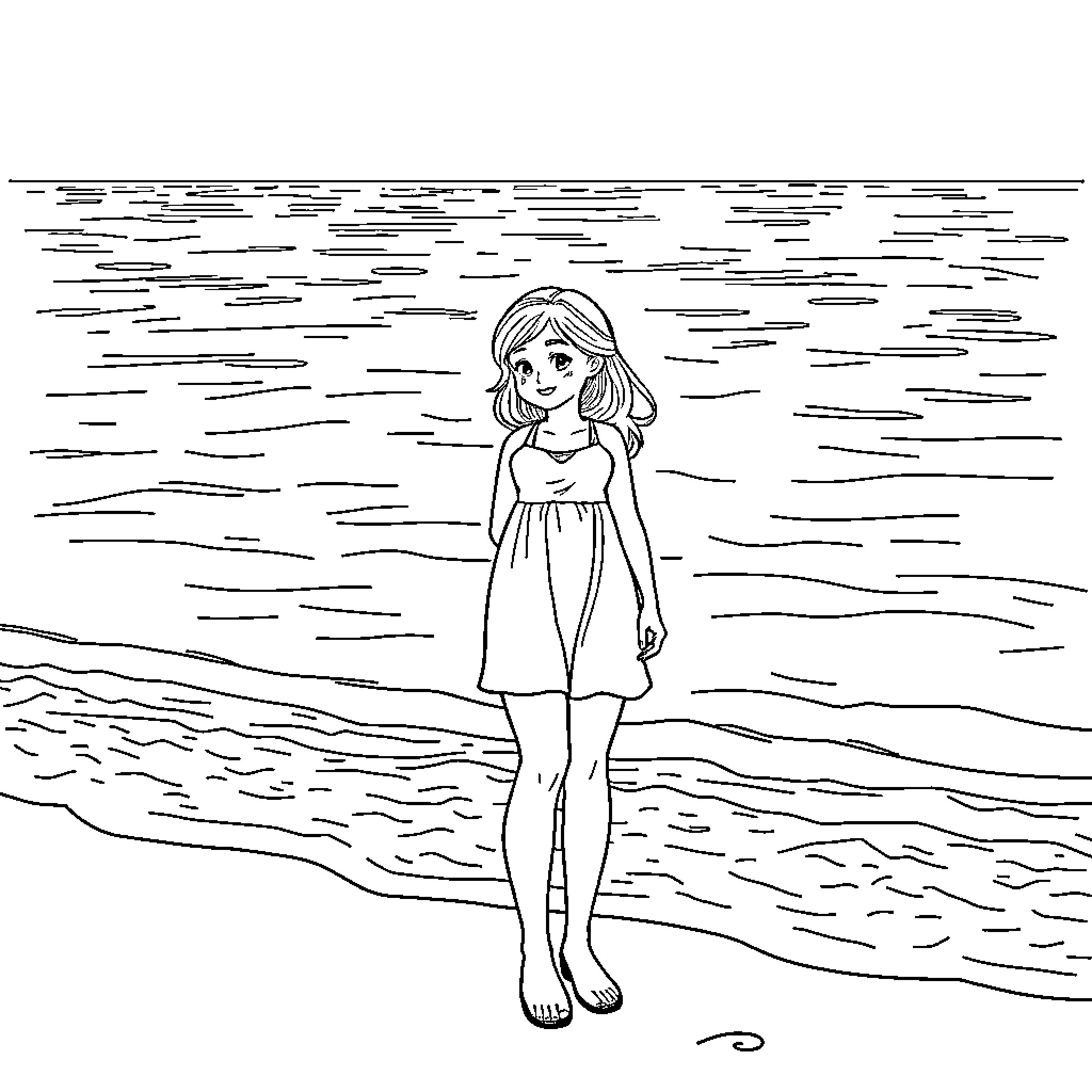 Songe of a Carefree Beachfront Stroll Coloring Page (free black-and-white line drawing printable PDF for all, from beginners to advanced learners, including children, teens, adults, and seniors)
