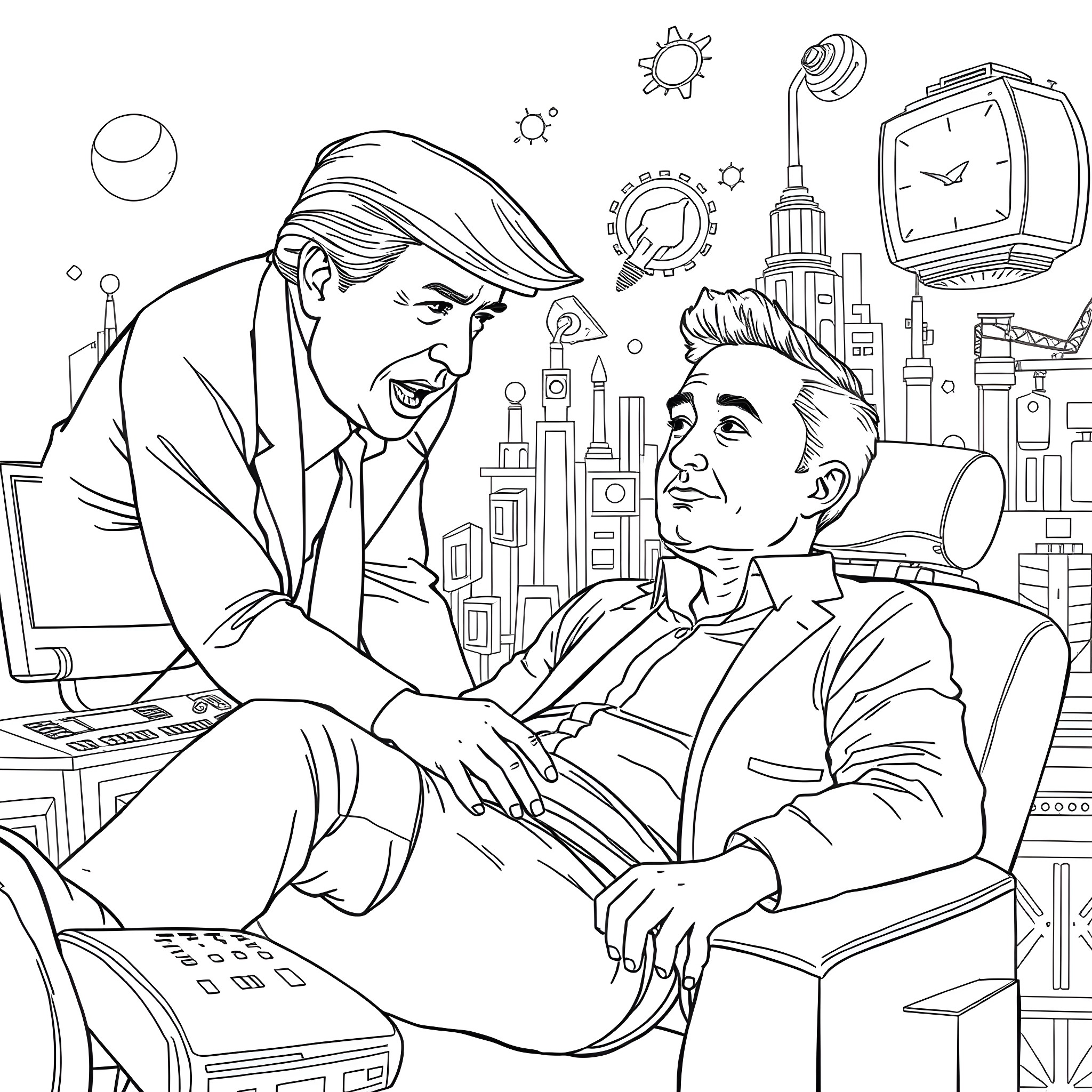 Donald Trump discussing with a man in an office setting Coloring Page (free black-and-white line drawing printable PDF for all, from beginners to advanced learners, including children, teens, adults, and seniors)
