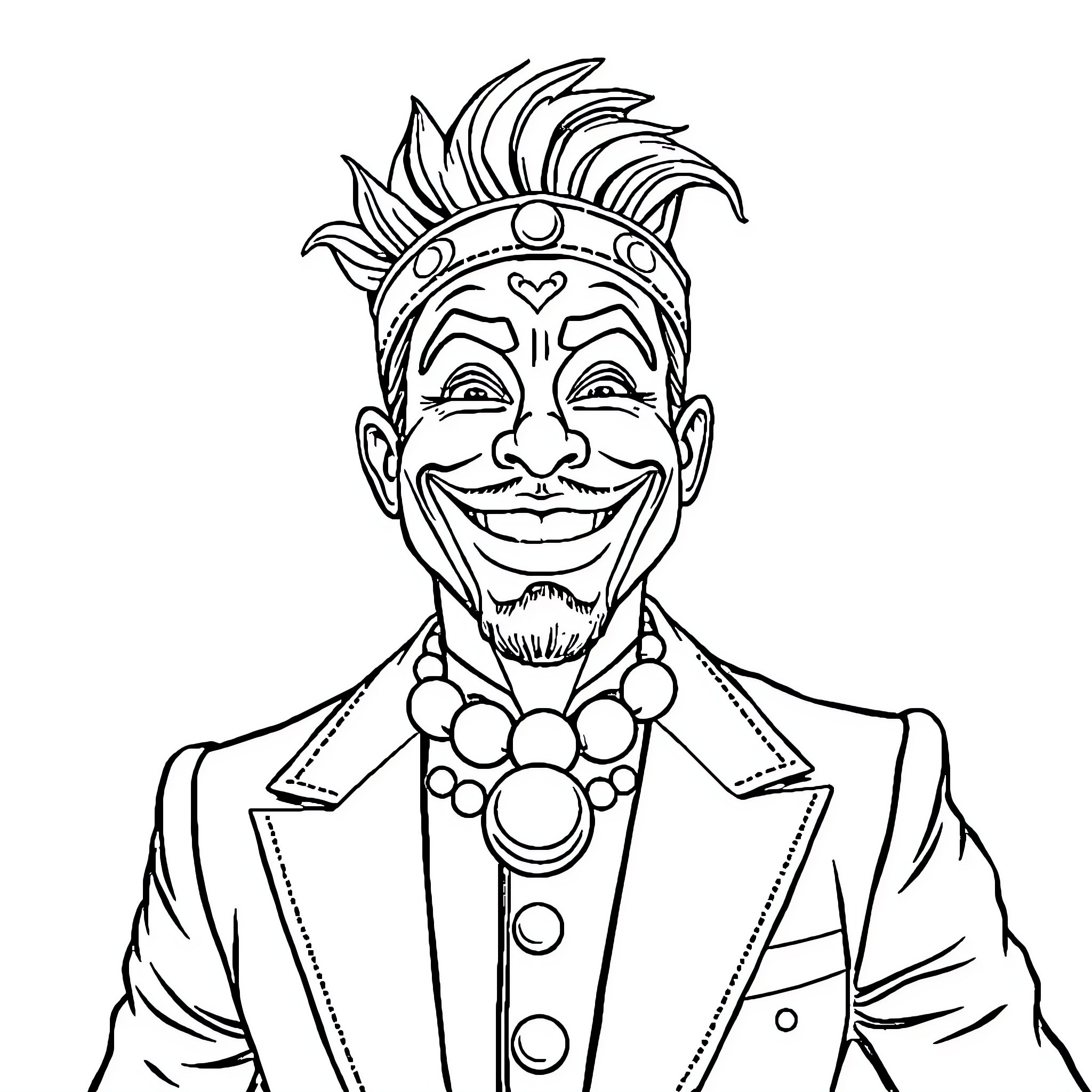 Clown with Exaggerated Facial Features and Costume Coloring Page (free black-and-white line drawing printable PDF for all, from beginners to advanced learners, including children, teens, adults, and seniors)