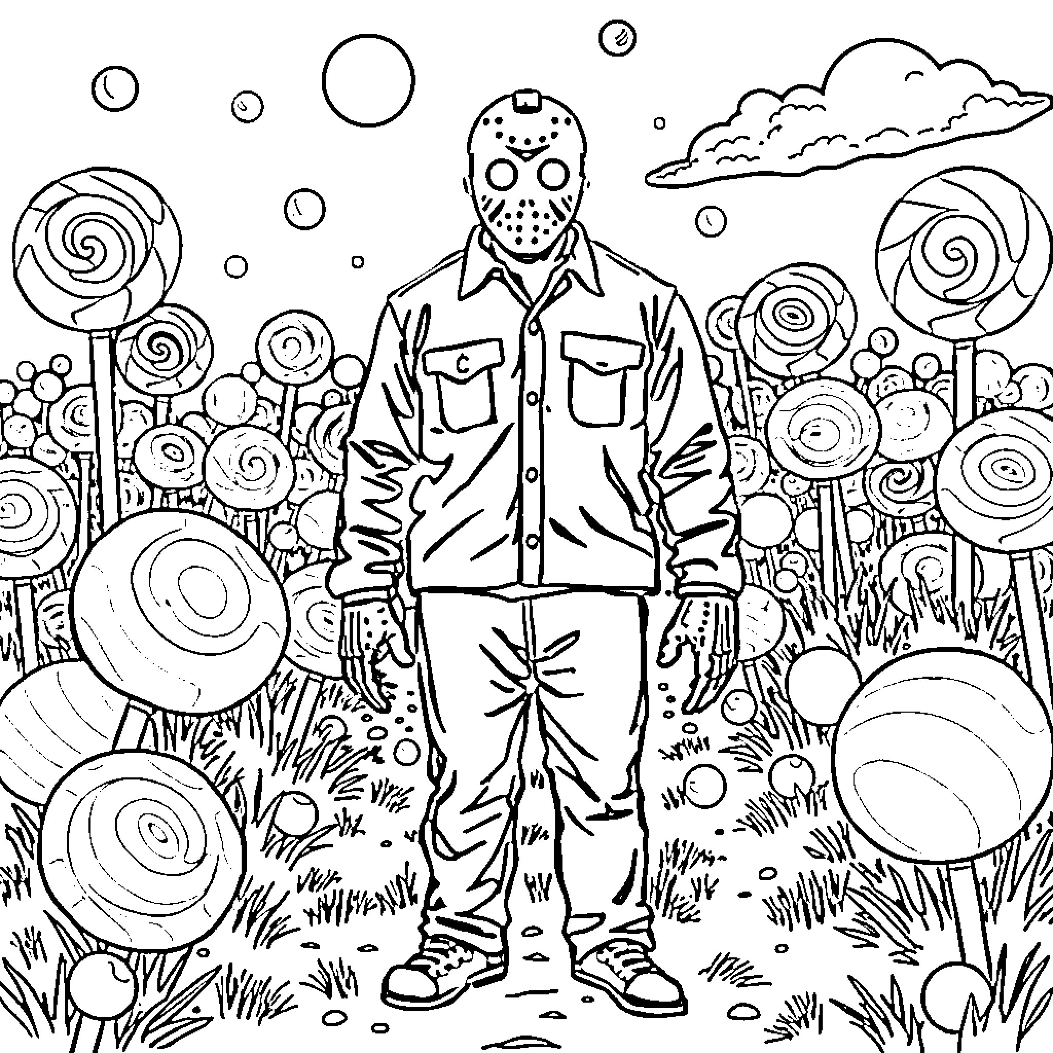 Jason Voorhees strolling through a surreal dreamscape Coloring Page (free black-and-white line drawing printable PDF for all, from beginners to advanced learners, including children, teens, adults, and seniors)