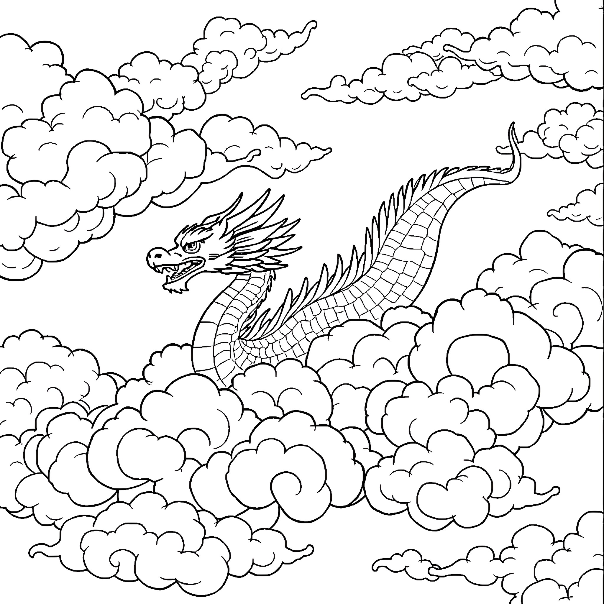 Dragon soaring through cloudy skies Coloring Page (free black-and-white line drawing printable PDF for all, from beginners to advanced learners, including children, teens, adults, and seniors)
