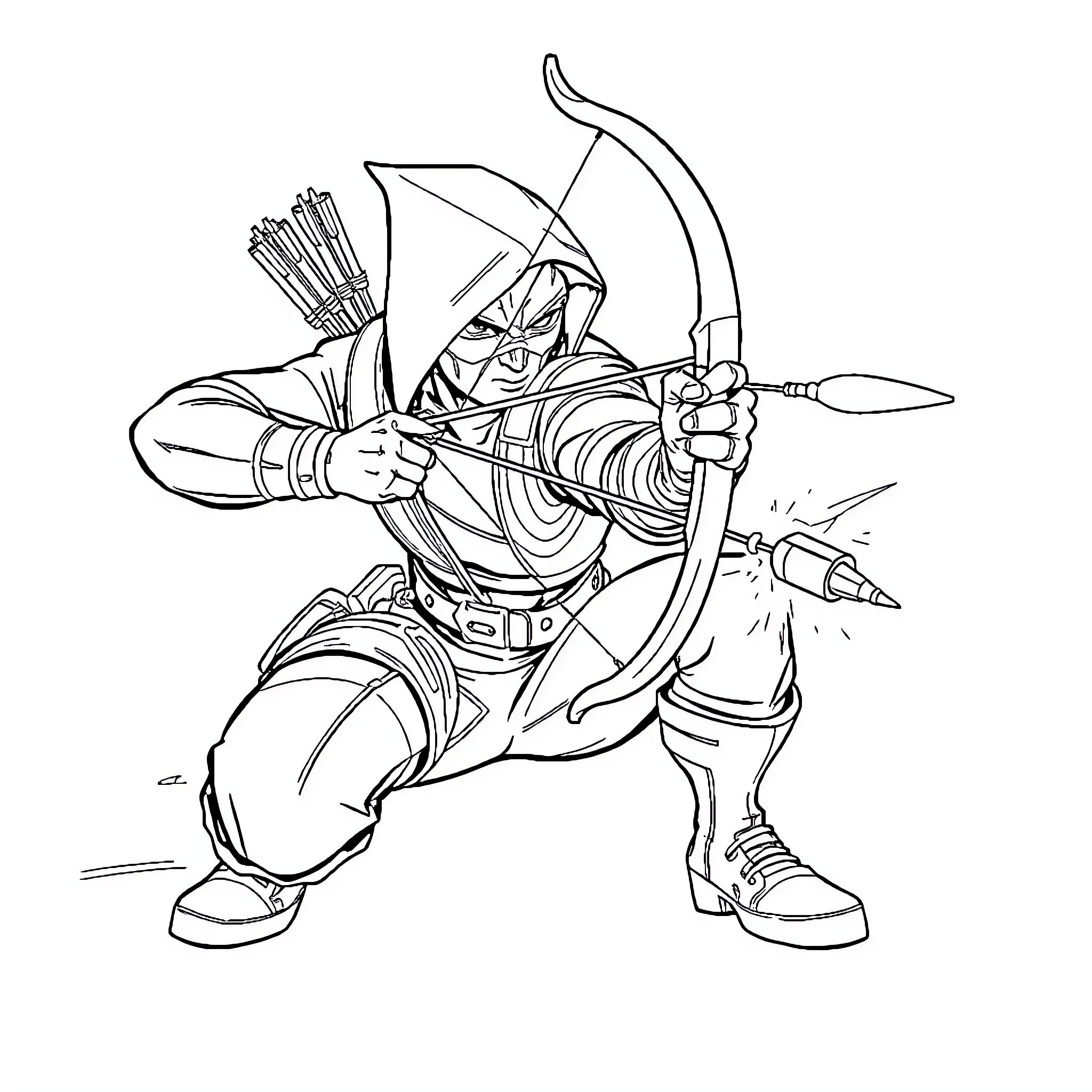 Hawkeye in action, wielding bow and arrow Coloring Page (free black-and-white line drawing printable PDF for all, from beginners to advanced learners, including children, teens, adults, and seniors)