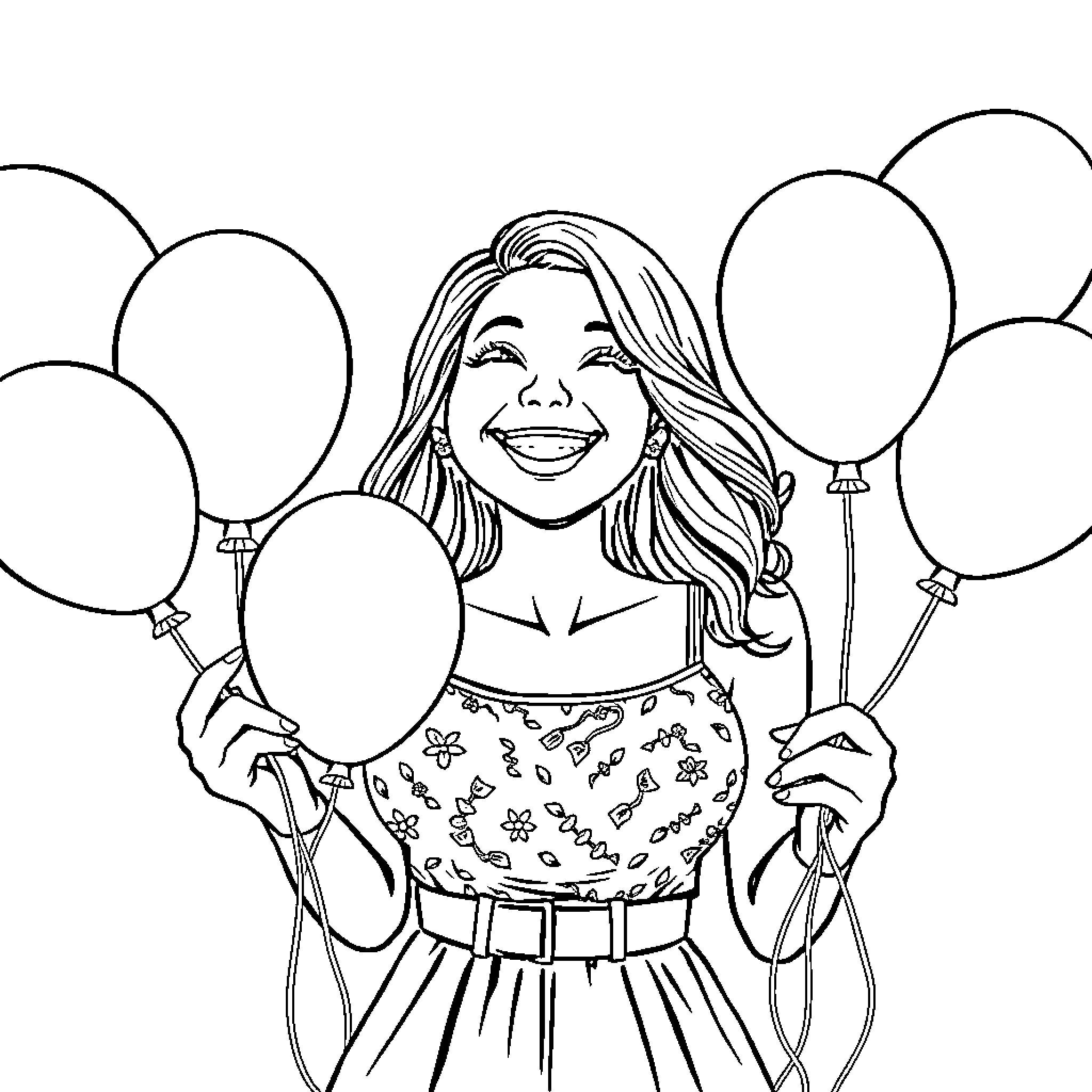 Gianna Michaels celebrating with festive balloons Coloring Page (free black-and-white line drawing printable PDF for all, from beginners to advanced learners, including children, teens, adults, and seniors)