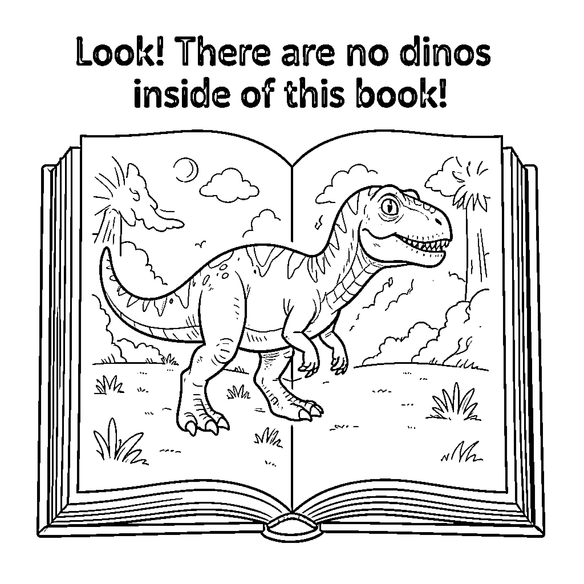 Dinosaur Pops Out from an Open Book Coloring Page (free black-and-white line drawing printable PDF for all, from beginners to advanced learners, including children, teens, adults, and seniors)