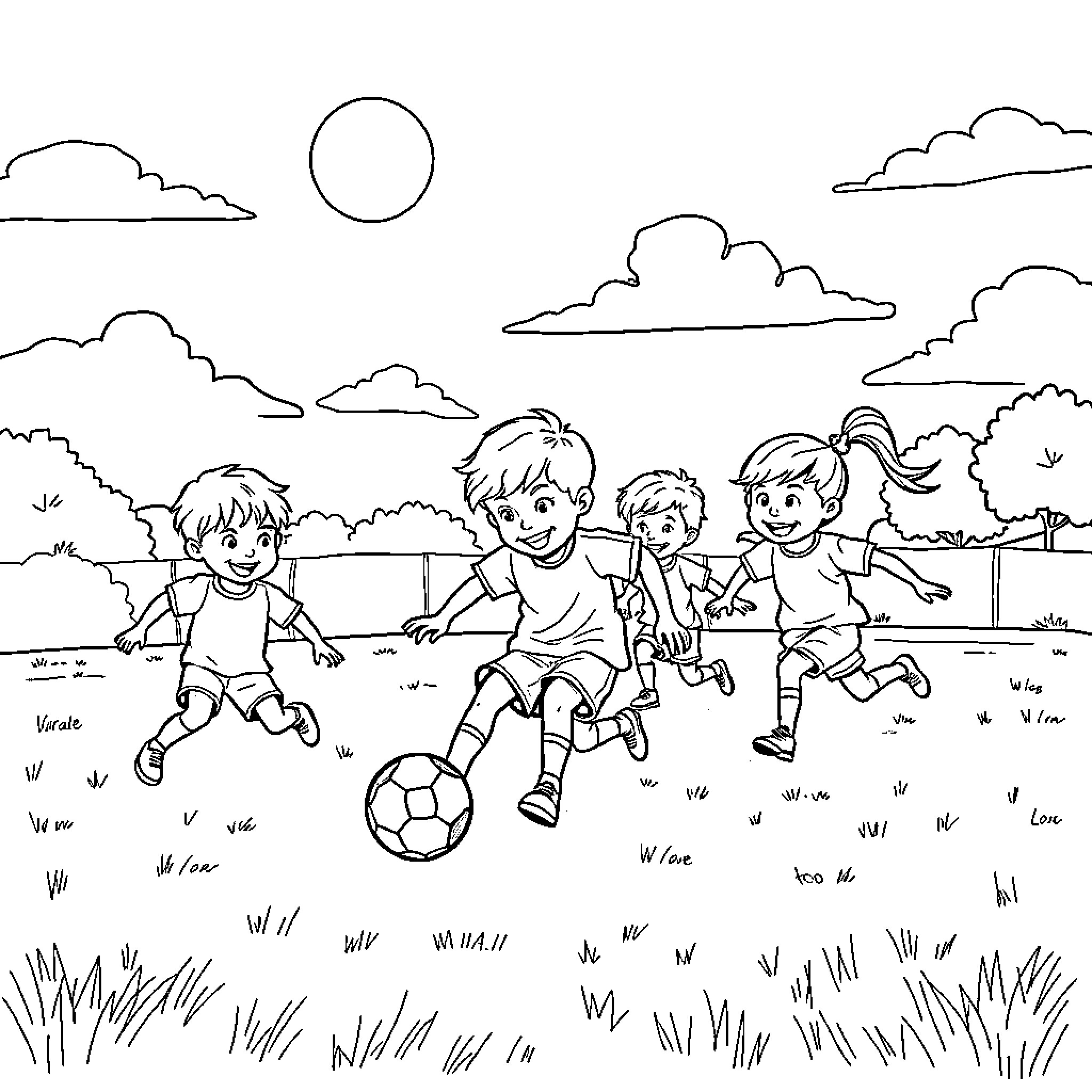 Toddlers playing energetically with a soccer ball outdoors Coloring Page (free black-and-white line drawing printable PDF for all, from beginners to advanced learners, including children, teens, adults, and seniors)