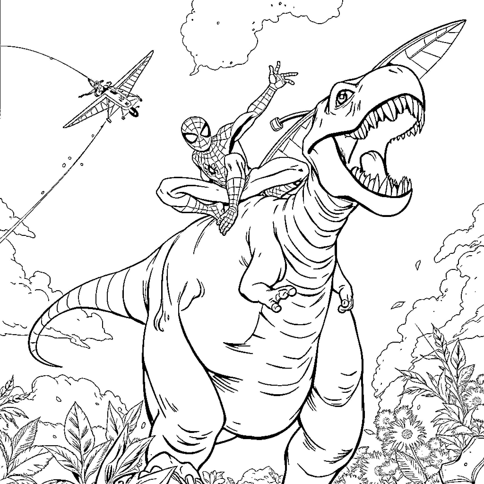 Spider-Man battles a monstrous creature Coloring Page (free black-and-white line drawing printable PDF for all, from beginners to advanced learners, including children, teens, adults, and seniors)