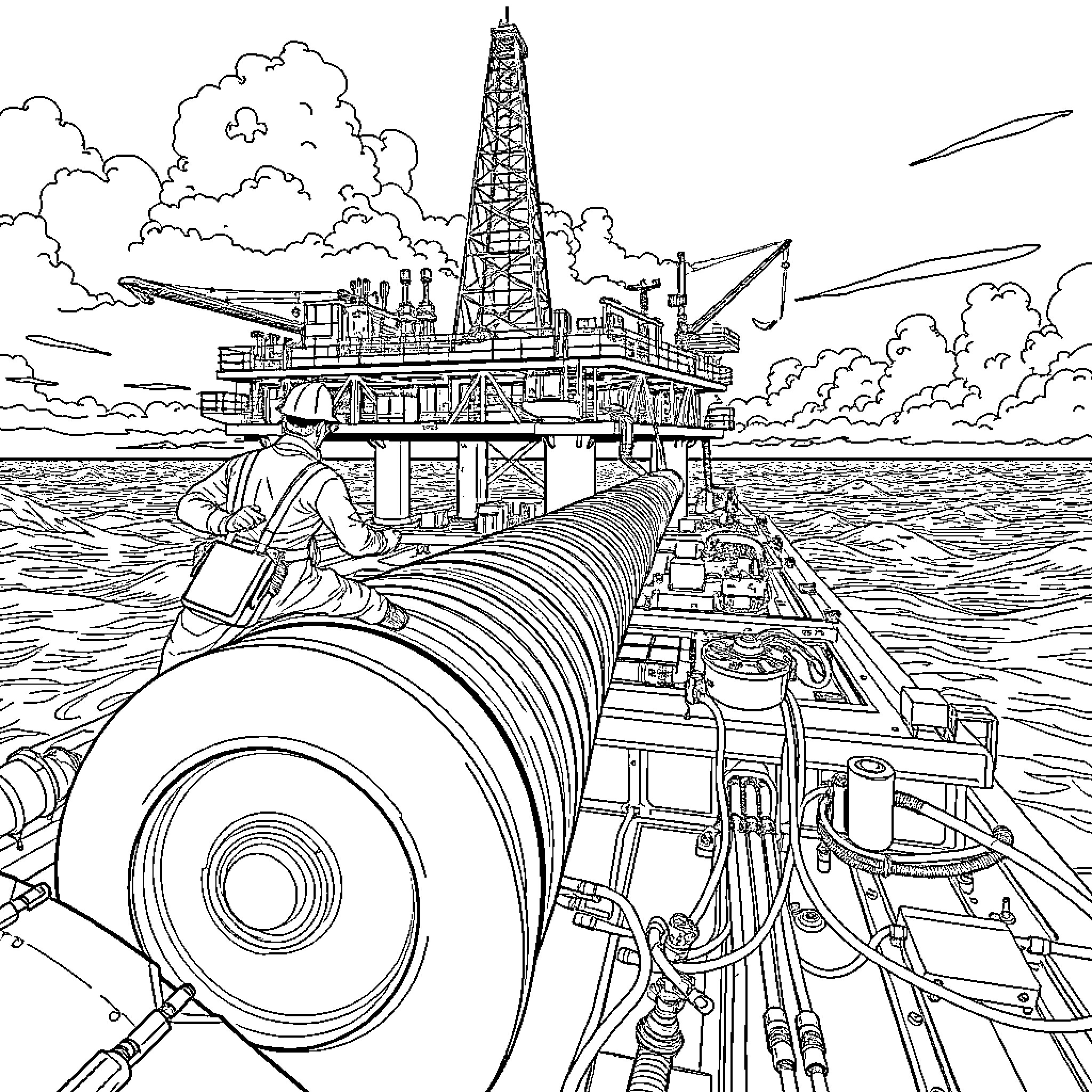 Tubing on an Offshore Oil Platform in Stormy Seas Coloring Page (free black-and-white line drawing printable PDF for all, from beginners to advanced learners, including children, teens, adults, and seniors)