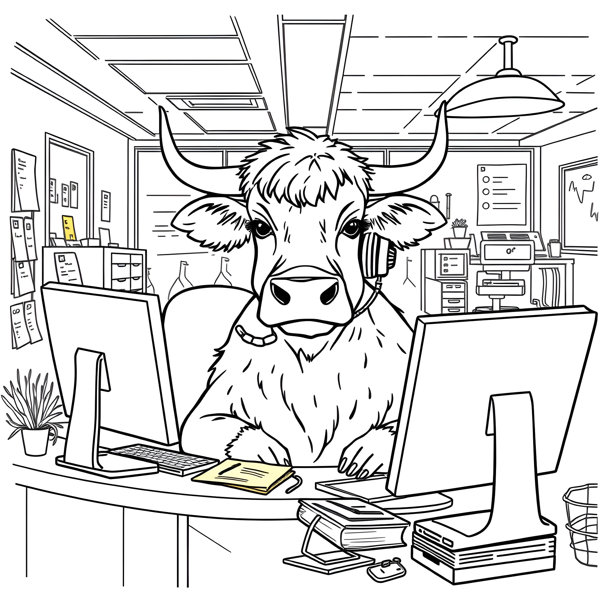 Highland Cow working diligently at the office desk Coloring Page (free black-and-white line drawing printable PDF for all, from beginners to advanced learners, including children, teens, adults, and seniors)