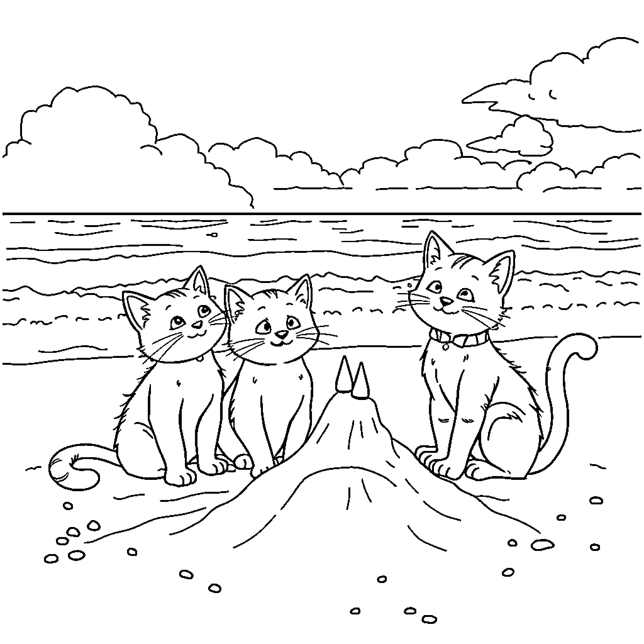 Aristocats kittens playing on the beach Coloring Page (free black-and-white line drawing printable PDF for all, from beginners to advanced learners, including children, teens, adults, and seniors)