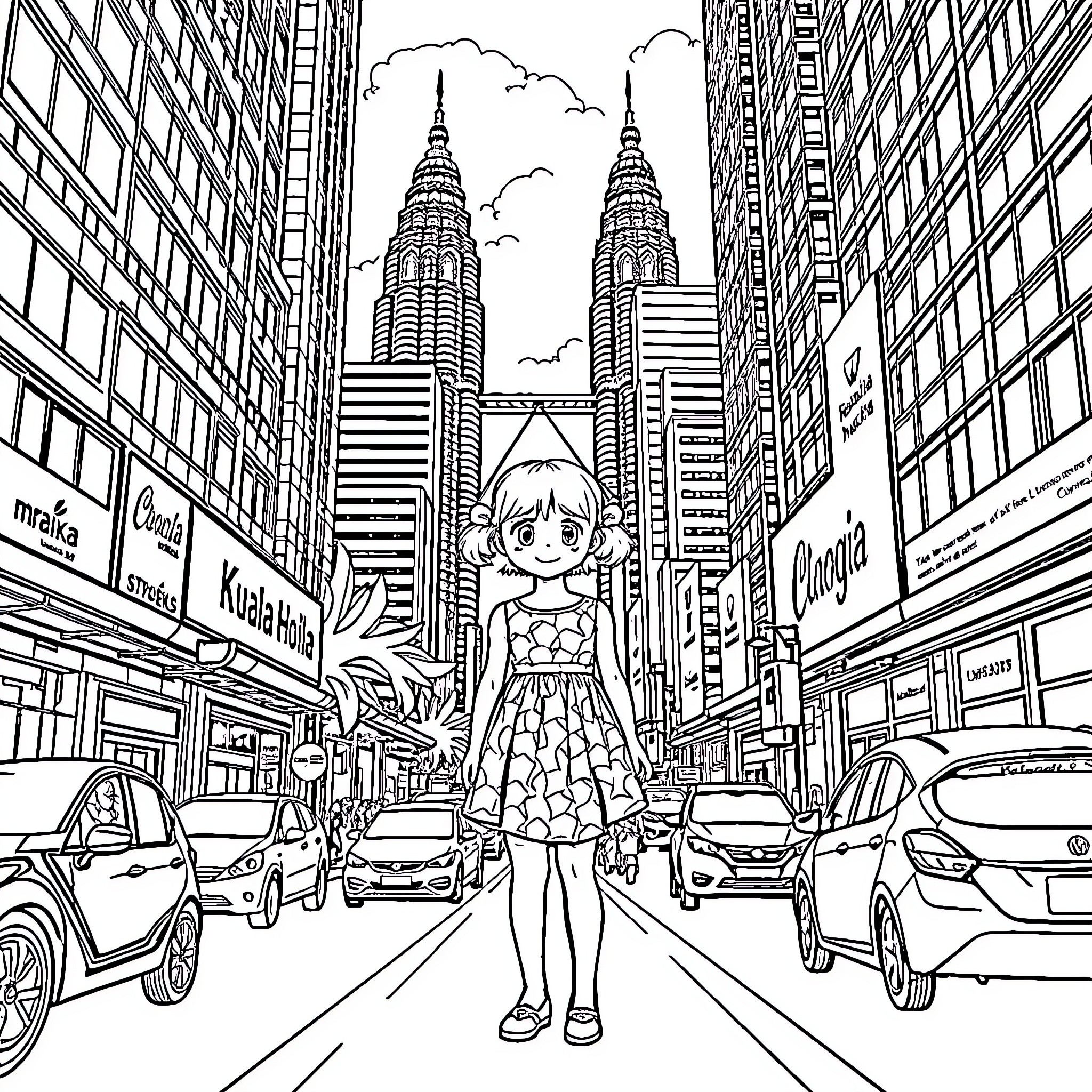 Girl exploring the city with towering skyscrapers Coloring Page (free black-and-white line drawing printable PDF for all, from beginners to advanced learners, including children, teens, adults, and seniors)