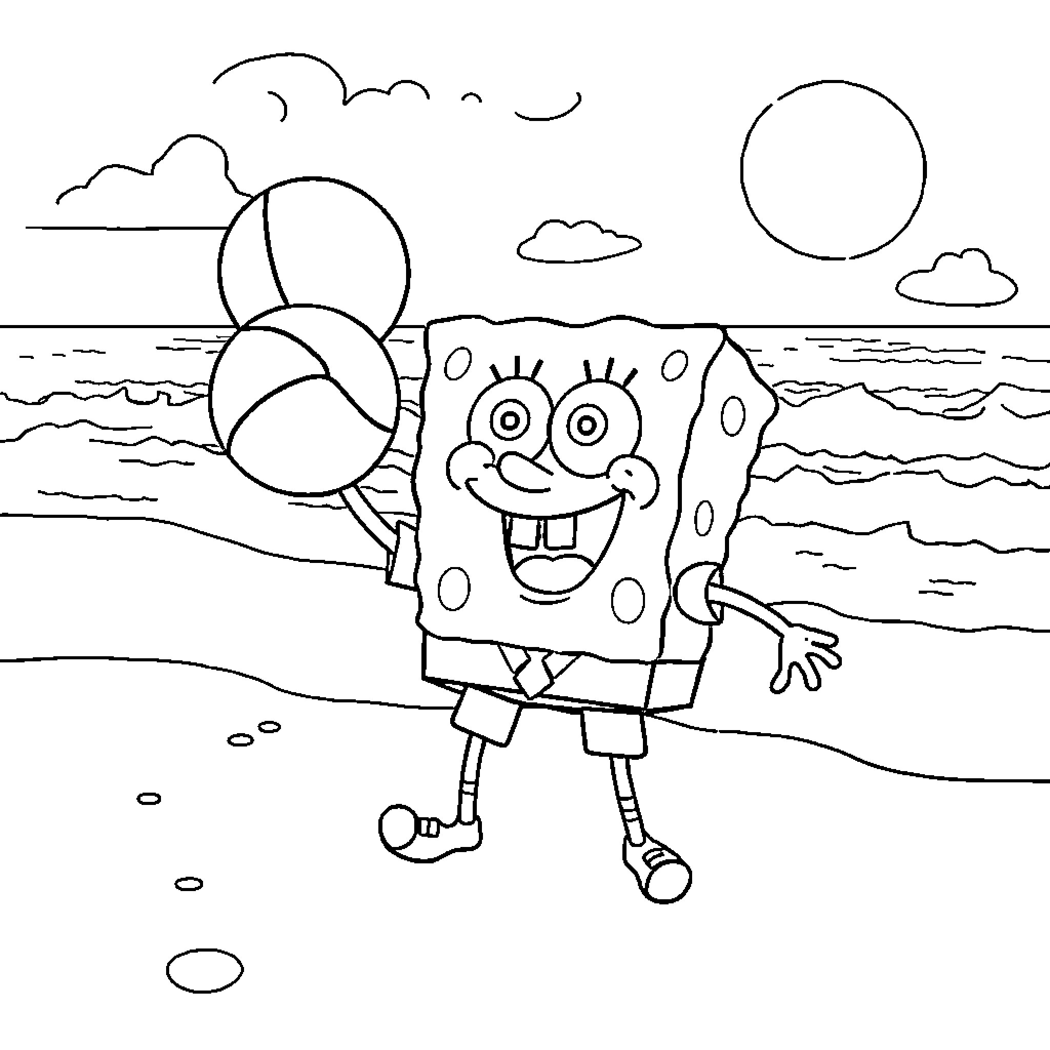 Spongebob enjoying a sunny day at the beach Coloring Page (free black-and-white line drawing printable PDF for all, from beginners to advanced learners, including children, teens, adults, and seniors)