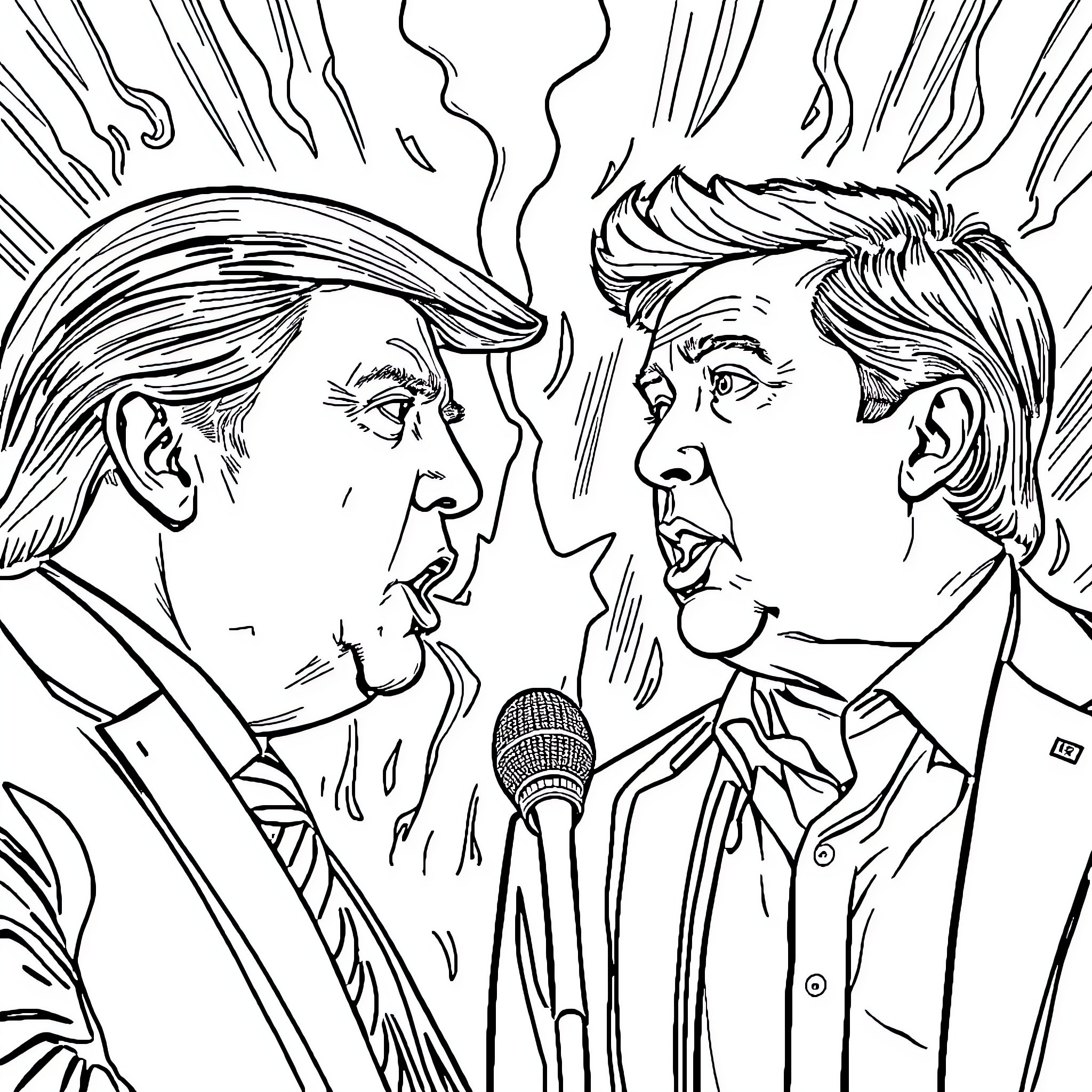 Trump and rival candidate in heated debate Coloring Page (free black-and-white line drawing printable PDF for all, from beginners to advanced learners, including children, teens, adults, and seniors)
