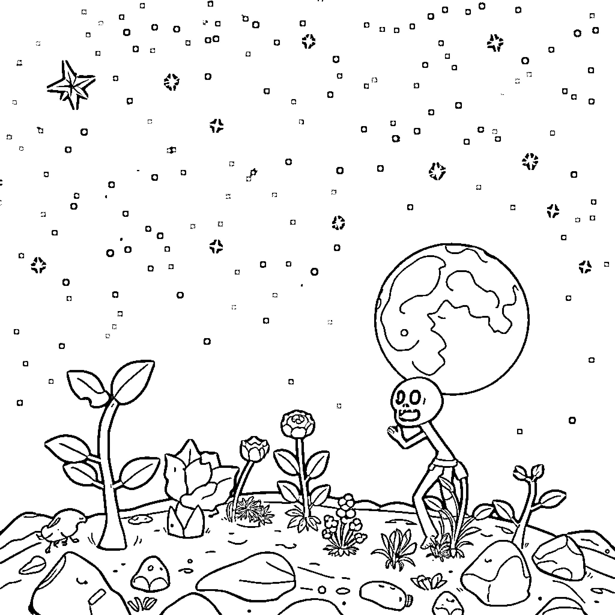 Plant life sprouts in the cosmic wilderness Coloring Page (free black-and-white line drawing printable PDF for all, from beginners to advanced learners, including children, teens, adults, and seniors)