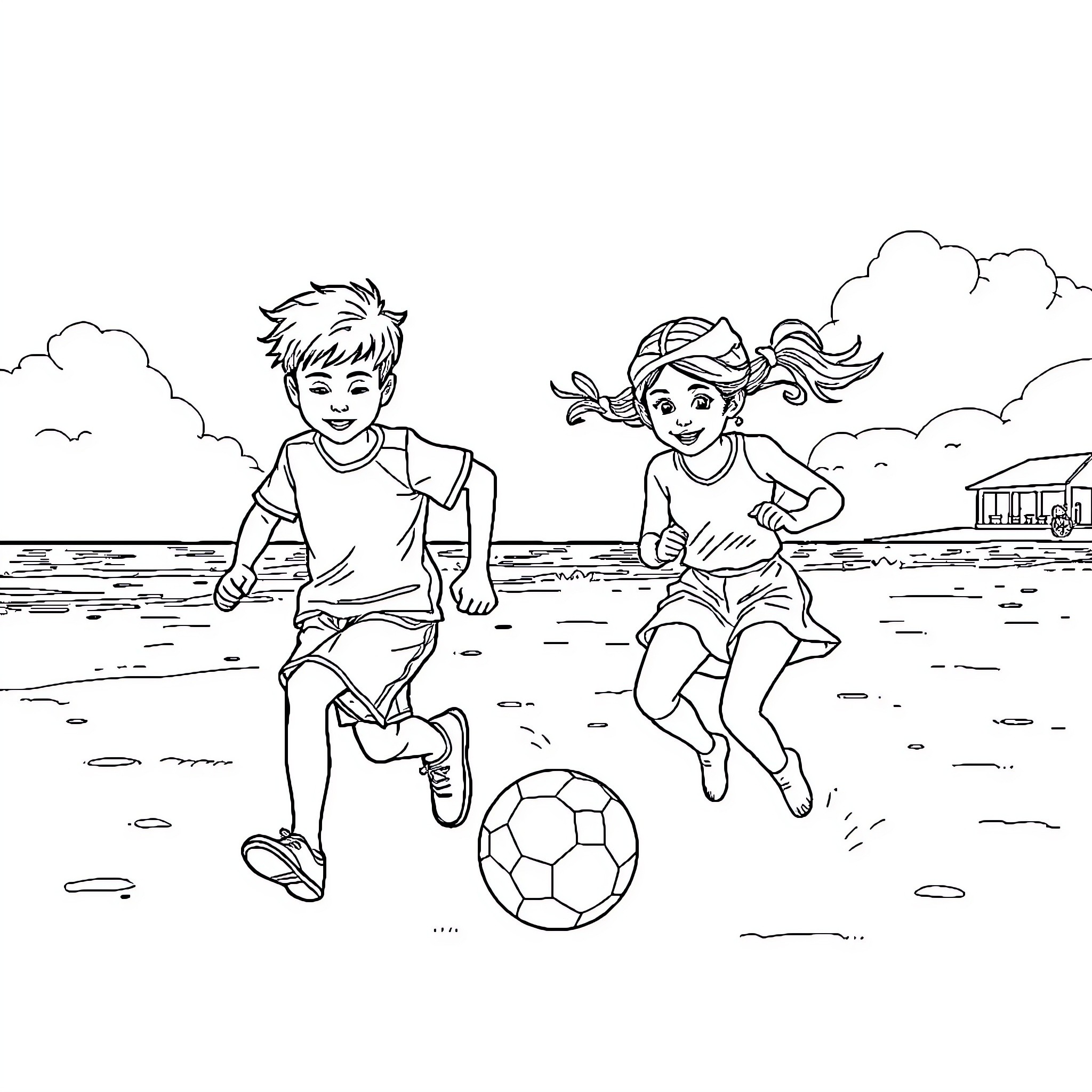 Children playing joyfully with soccer ball on beach Coloring Page (free black-and-white line drawing printable PDF for all, from beginners to advanced learners, including children, teens, adults, and seniors)
