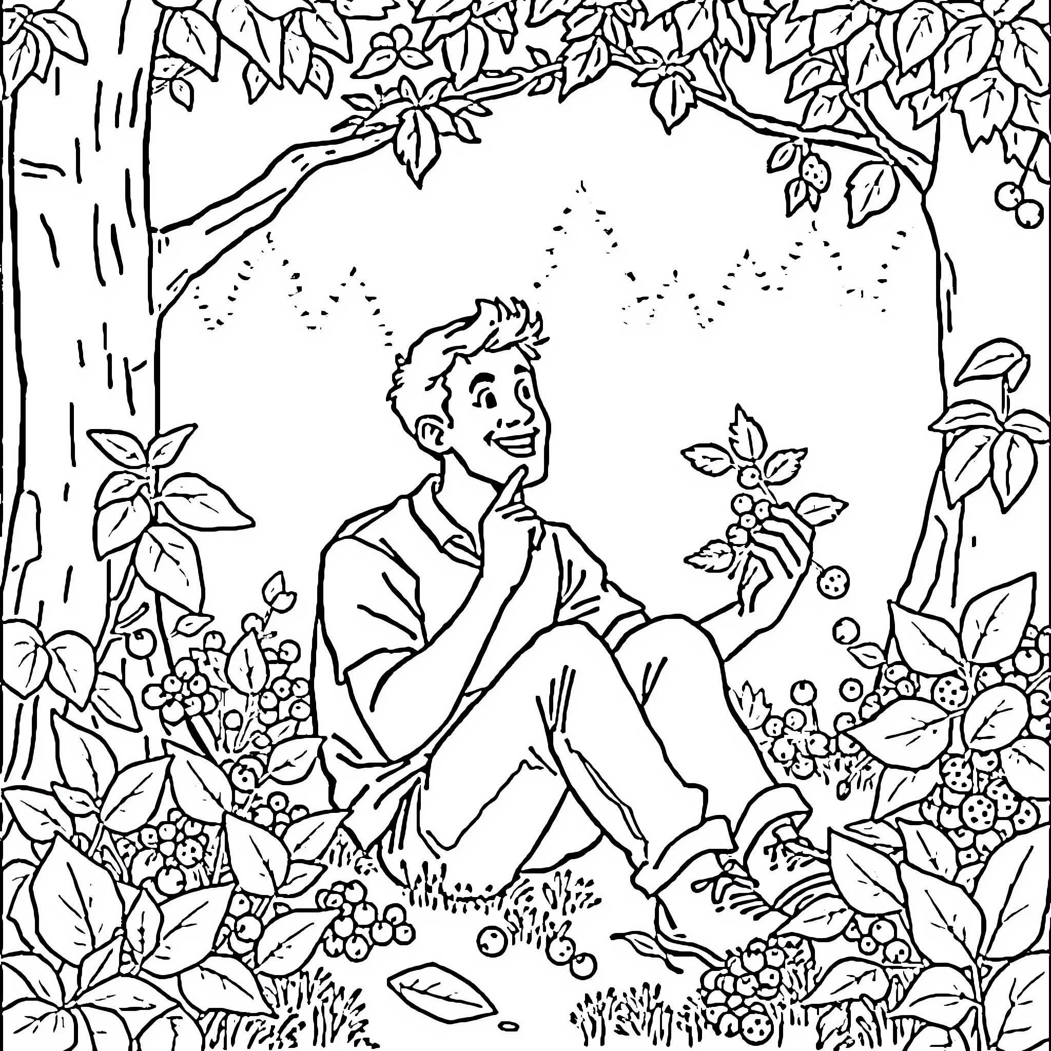 Man resting peacefully in the natural setting Coloring Page (free black-and-white line drawing printable PDF for all, from beginners to advanced learners, including children, teens, adults, and seniors)