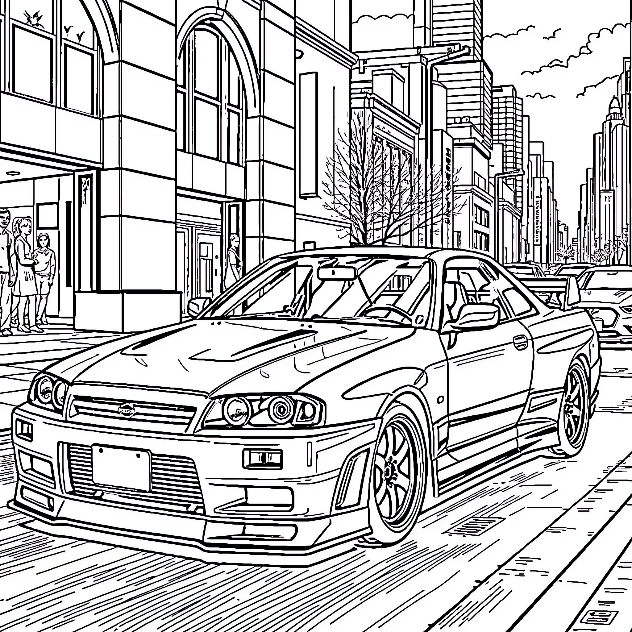 Nissan Skyline speeding through the city streets Coloring Page (free black-and-white line drawing printable PDF for all, from beginners to advanced learners, including children, teens, adults, and seniors)