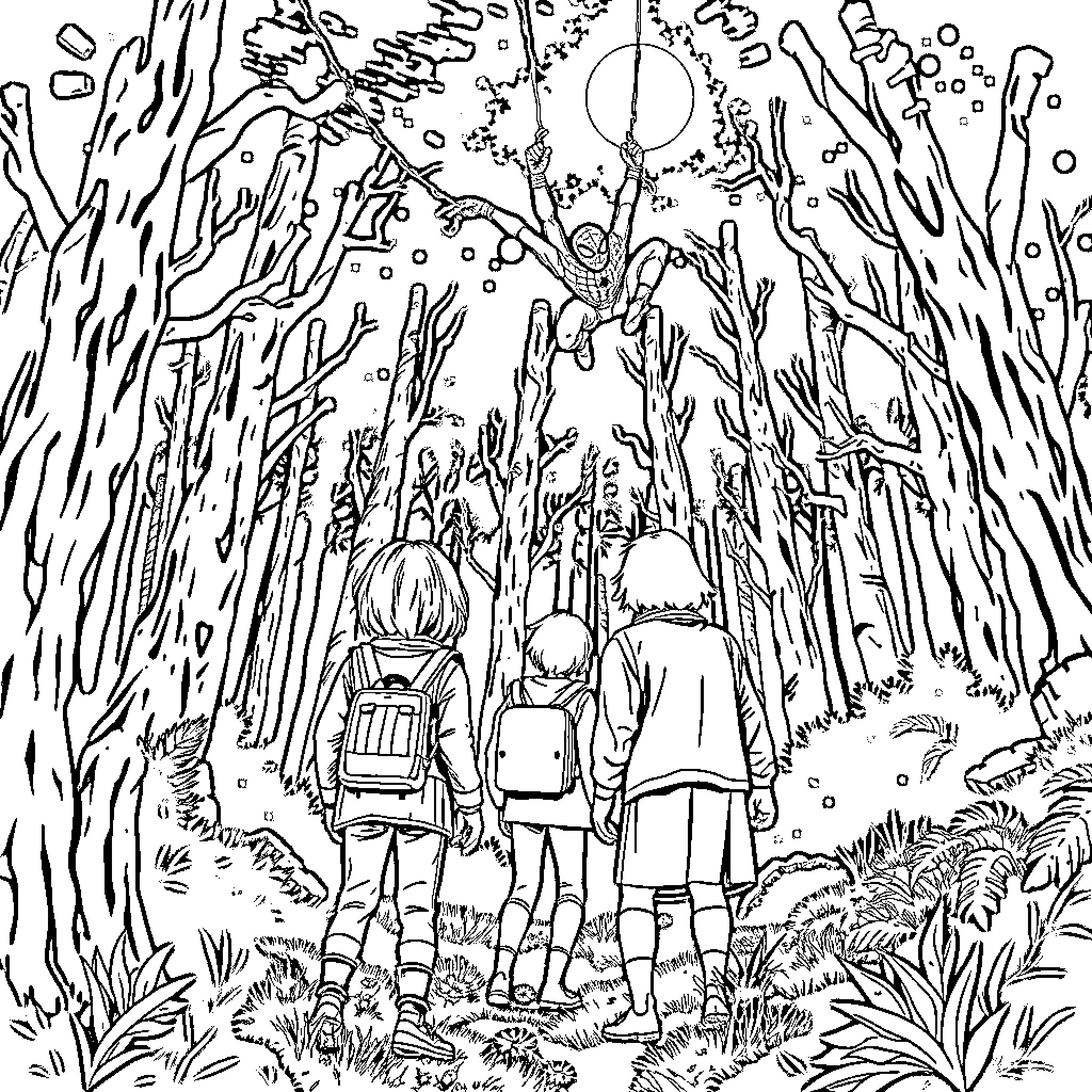 Spider-Man characters exploring a magical forest Coloring Page (free black-and-white line drawing printable PDF for all, from beginners to advanced learners, including children, teens, adults, and seniors)