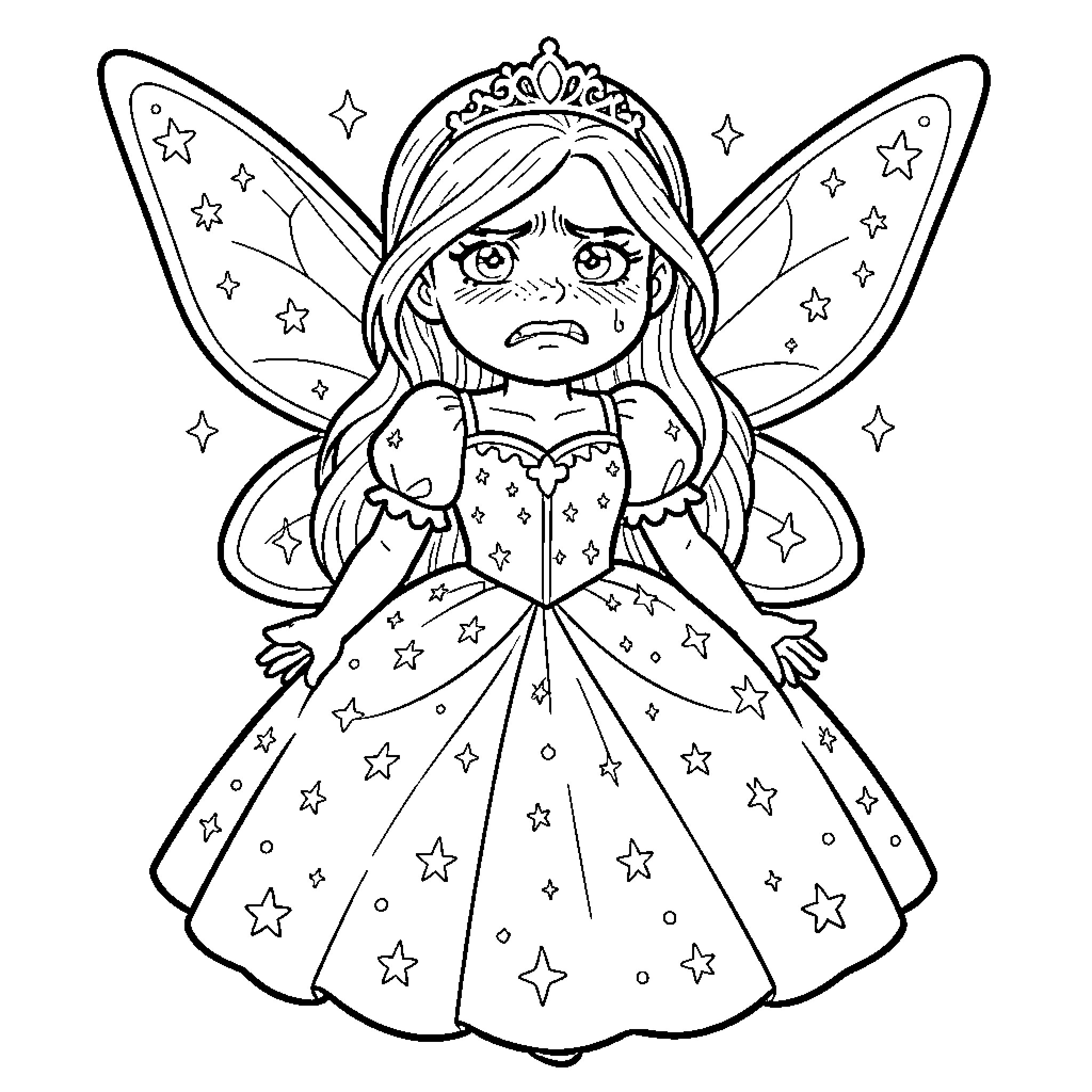 Ferry Fairy in Starry Dress Coloring Page (free black-and-white line drawing printable PDF for all, from beginners to advanced learners, including children, teens, adults, and seniors)
