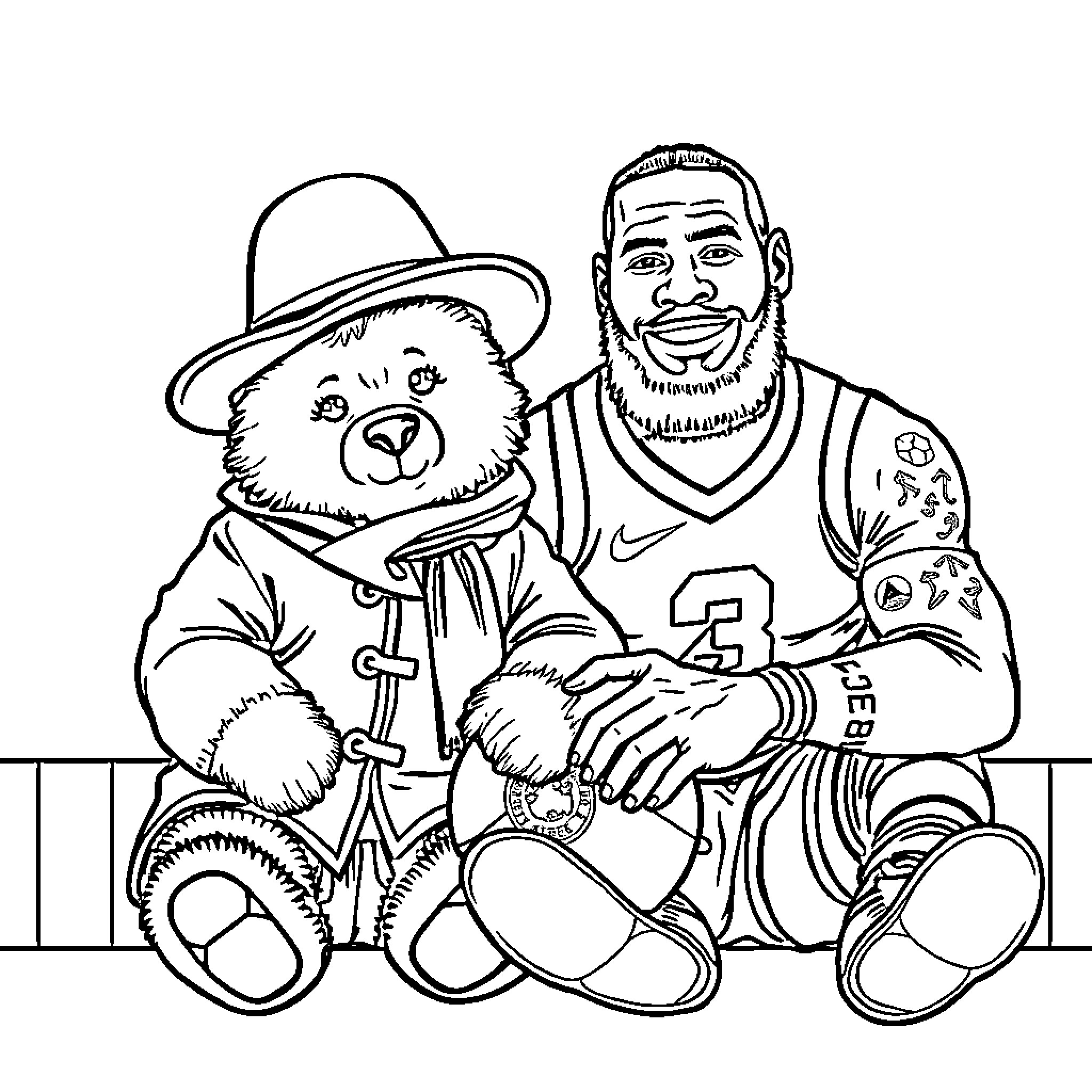 Paddington Bear enjoying a day with his friend Coloring Page (free black-and-white line drawing printable PDF for all, from beginners to advanced learners, including children, teens, adults, and seniors)