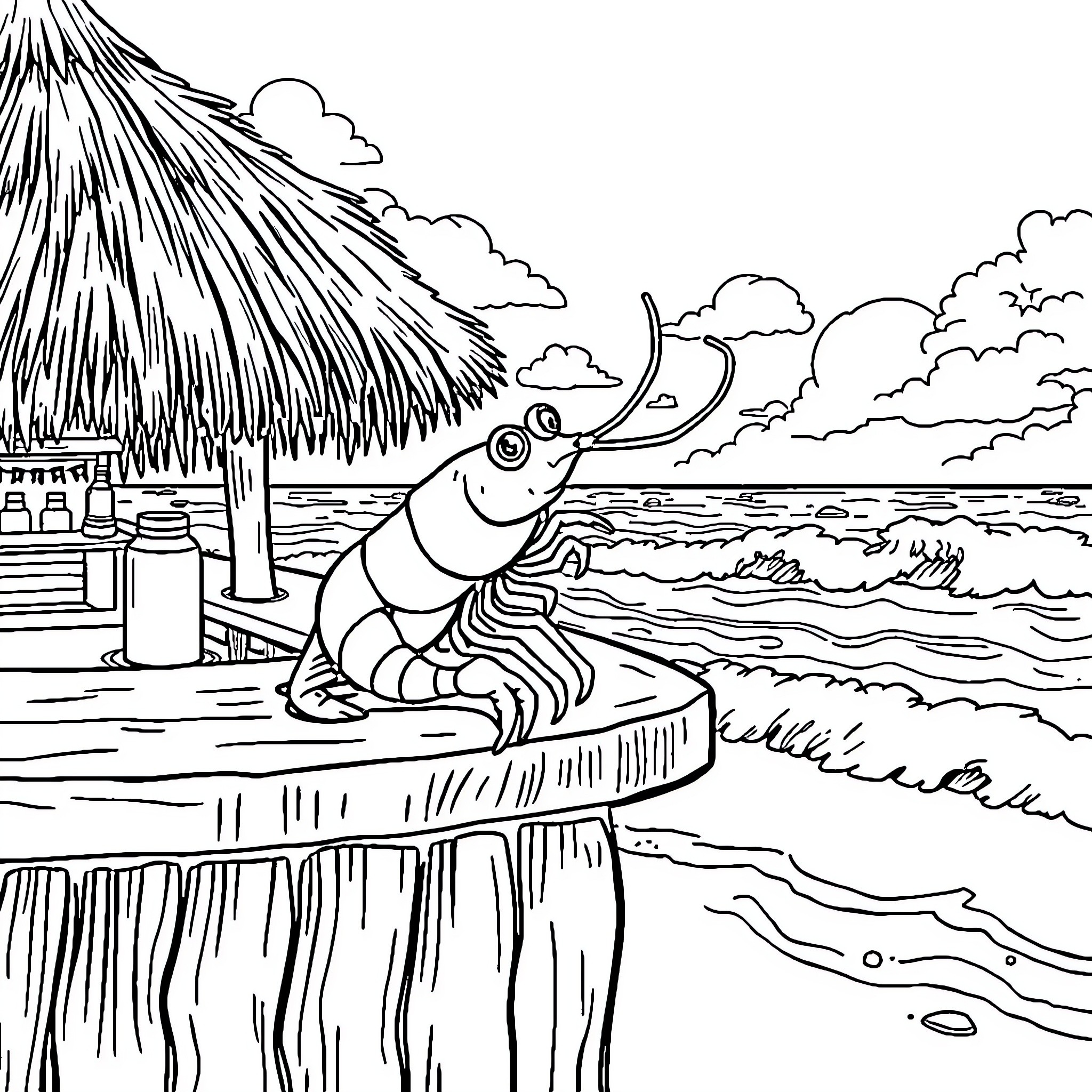 Shrimp enjoying a day at the beach Coloring Page (free black-and-white line drawing printable PDF for all, from beginners to advanced learners, including children, teens, adults, and seniors)