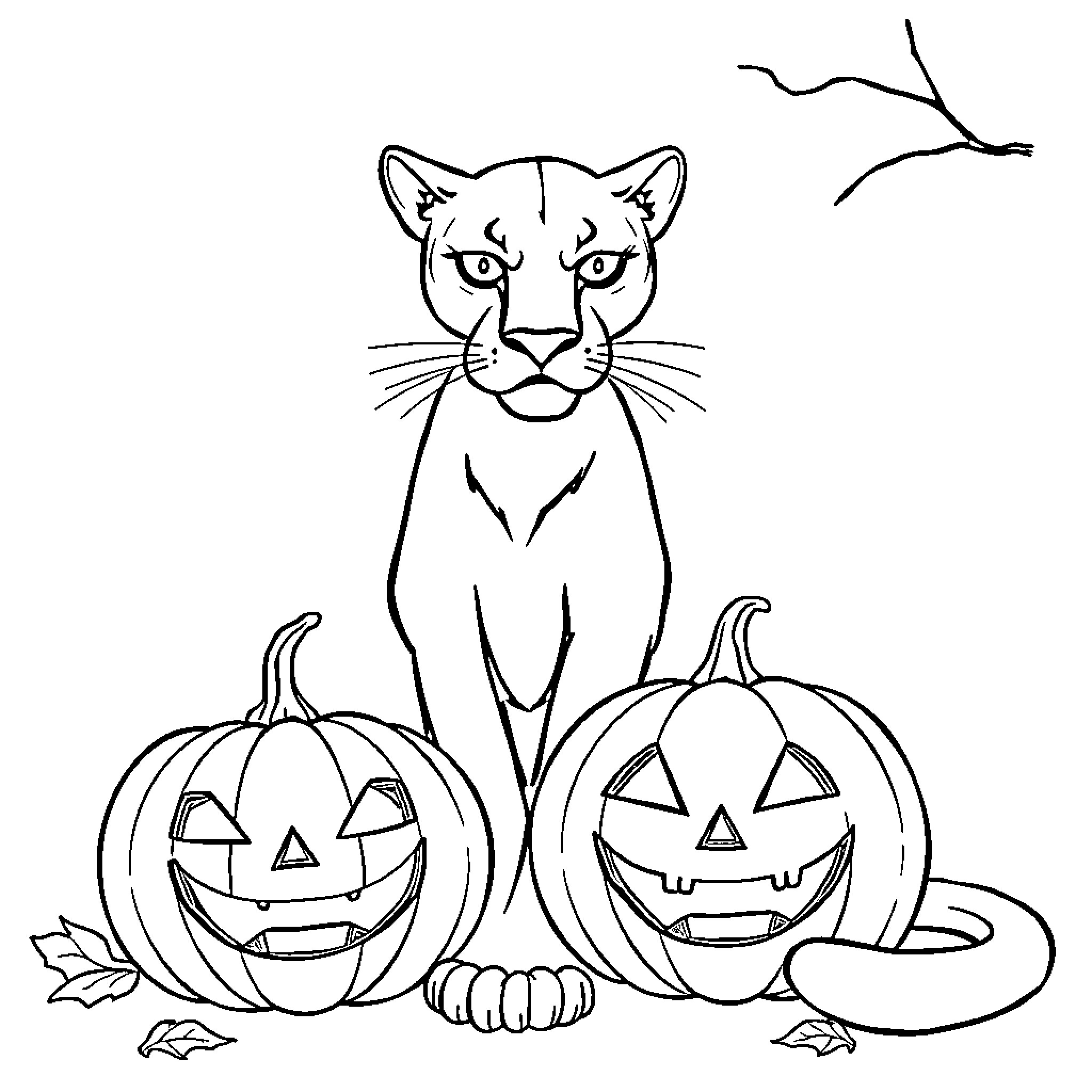 Panther with Halloween pumpkins and branch Coloring Page (free black-and-white line drawing printable PDF for all, from beginners to advanced learners, including children, teens, adults, and seniors)
