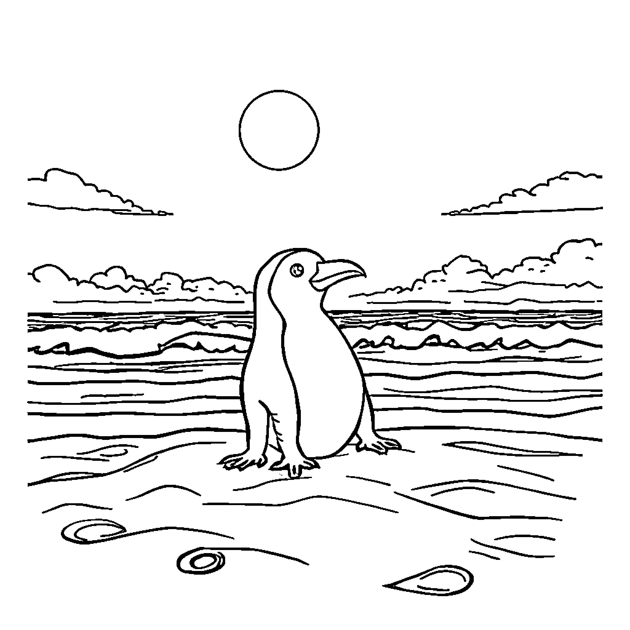 Pelican overlooking the ocean on a sunny day Coloring Page (free black-and-white line drawing printable PDF for all, from beginners to advanced learners, including children, teens, adults, and seniors)