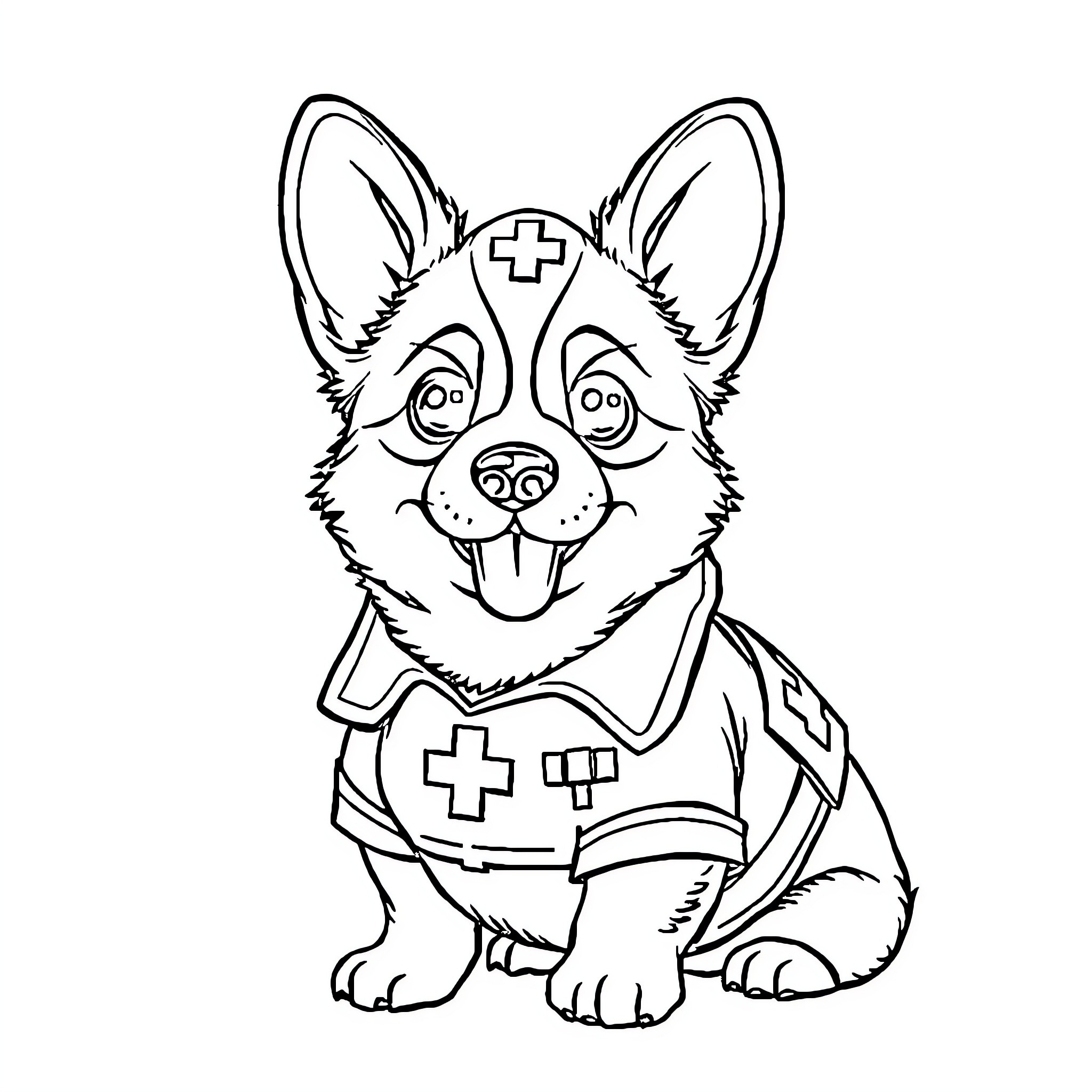 Corgi Veterinarian in Medical Uniform Coloring Page (free black-and-white line drawing printable PDF for all, from beginners to advanced learners, including children, teens, adults, and seniors)