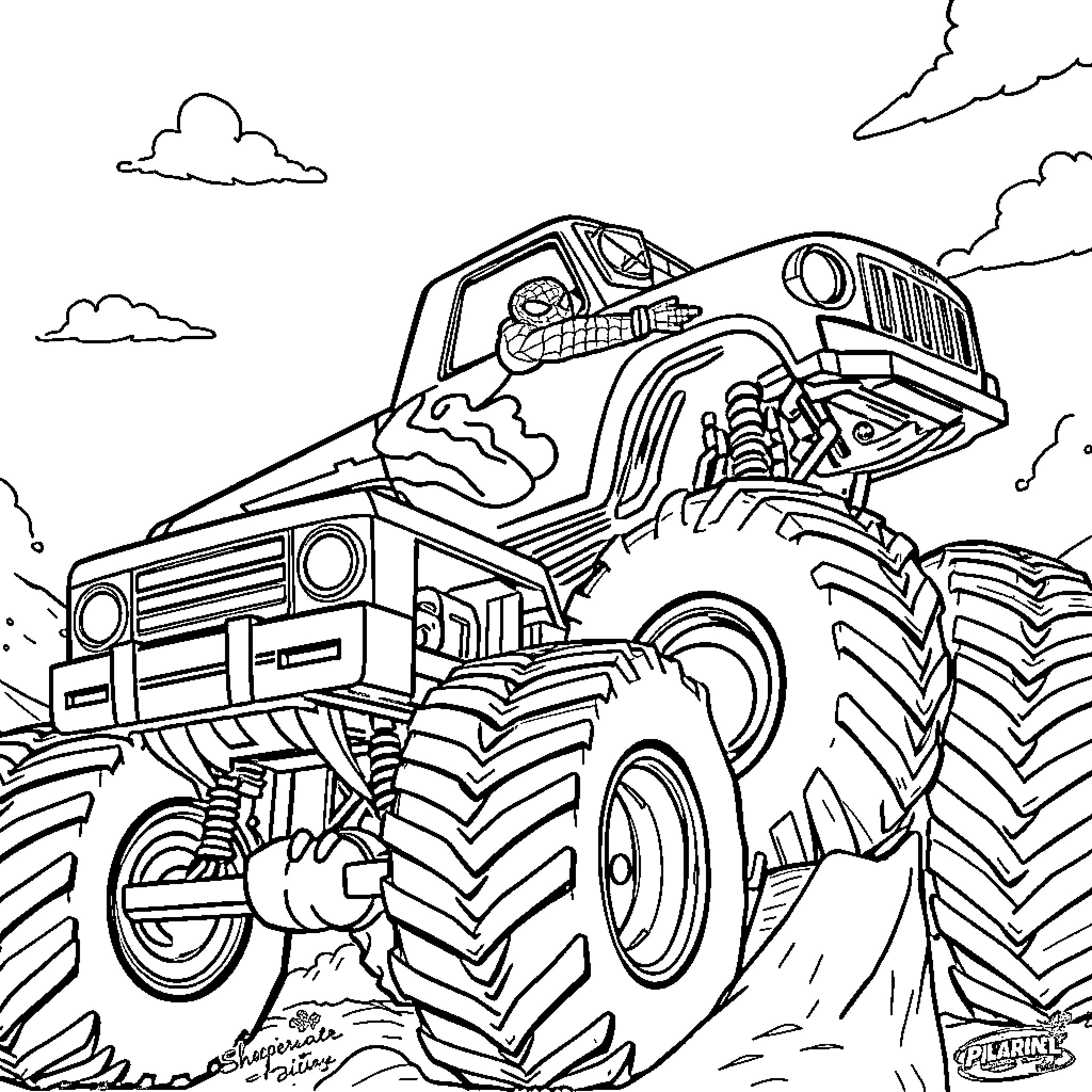 Spiderman drives a monstrous off-road vehicle through the wilderness Coloring Page (free black-and-white line drawing printable PDF for all, from beginners to advanced learners, including children, teens, adults, and seniors)