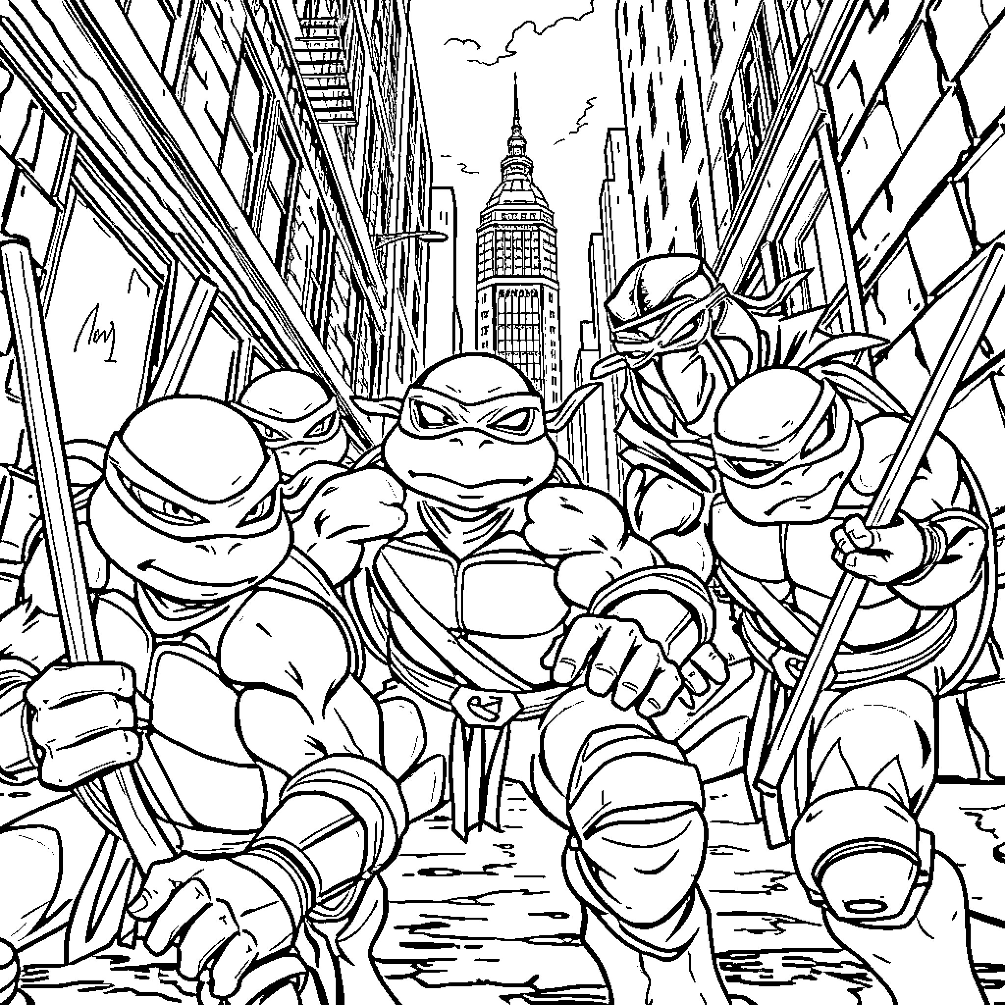 Ninja Turtle action heroes in the city Coloring Page (free black-and-white line drawing printable PDF for all, from beginners to advanced learners, including children, teens, adults, and seniors)