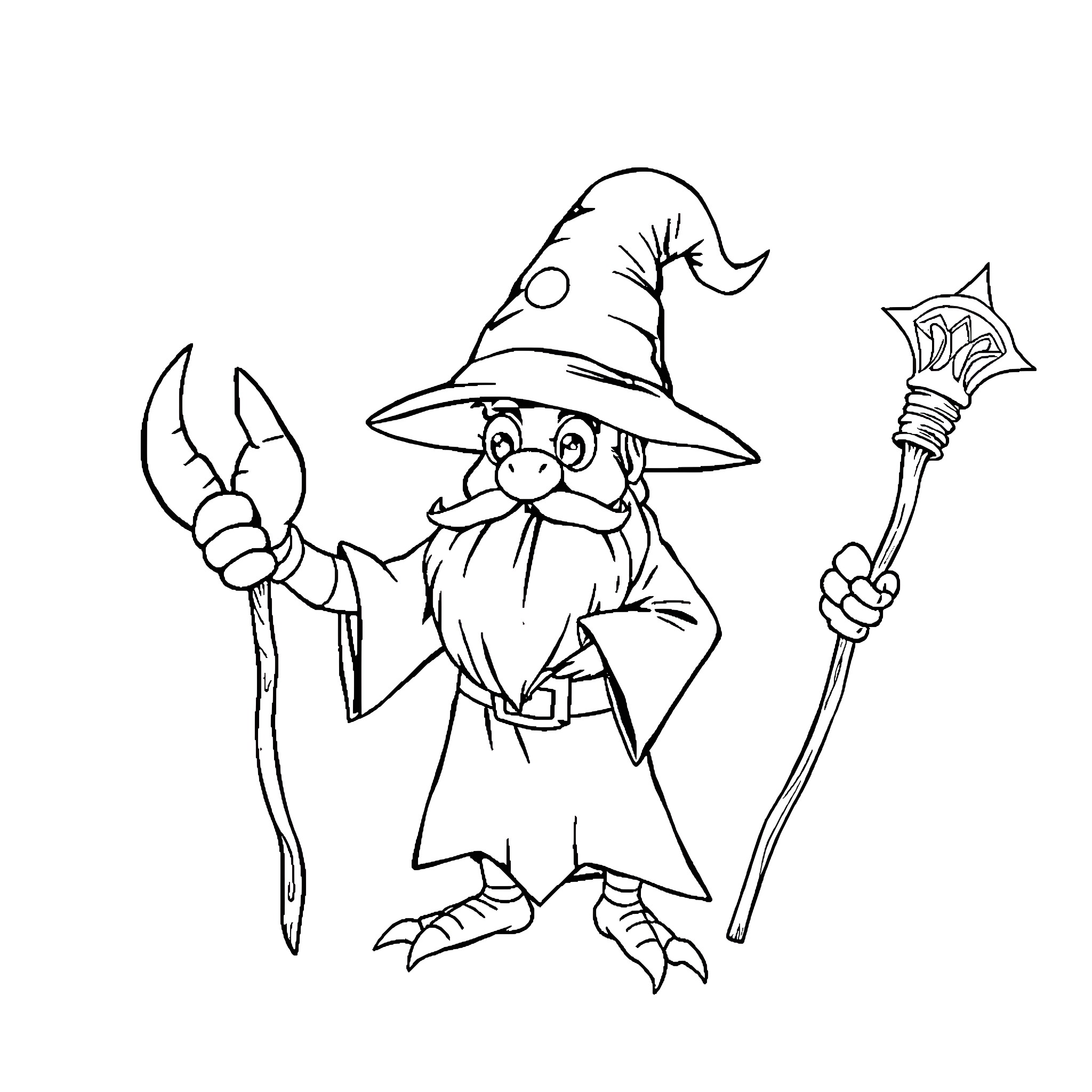 Crab wizard wielding a magical staff Coloring Page (free black-and-white line drawing printable PDF for all, from beginners to advanced learners, including children, teens, adults, and seniors)