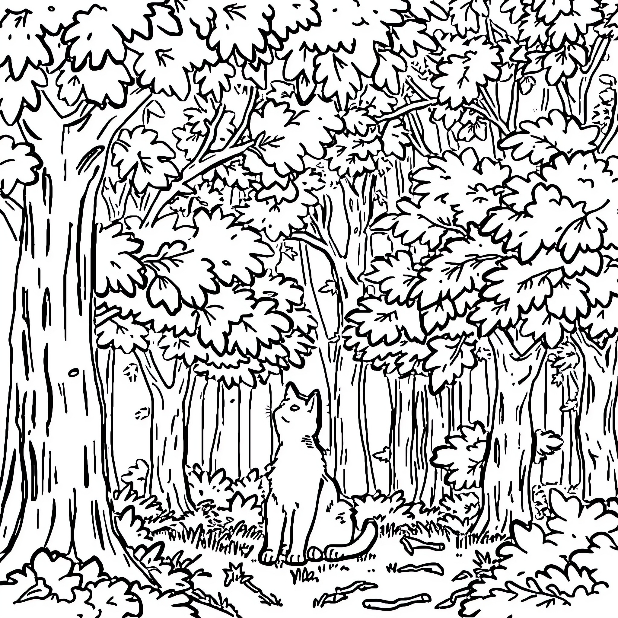 Cat Observing the Forest Surroundings Coloring Page (free black-and-white line drawing printable PDF for all, from beginners to advanced learners, including children, teens, adults, and seniors)