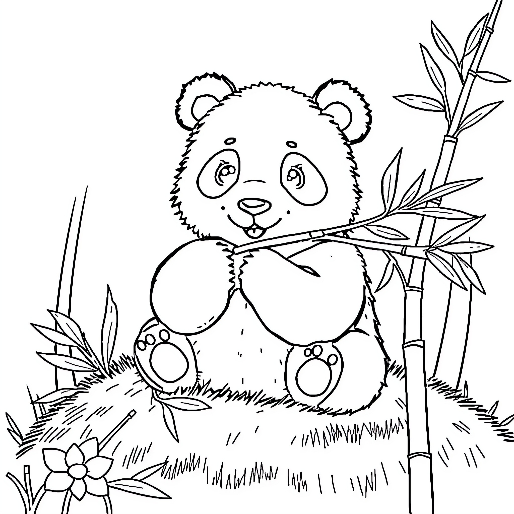 Panda resting peacefully in bamboo forest Coloring Page (free black-and-white line drawing printable PDF for all, from beginners to advanced learners, including children, teens, adults, and seniors)