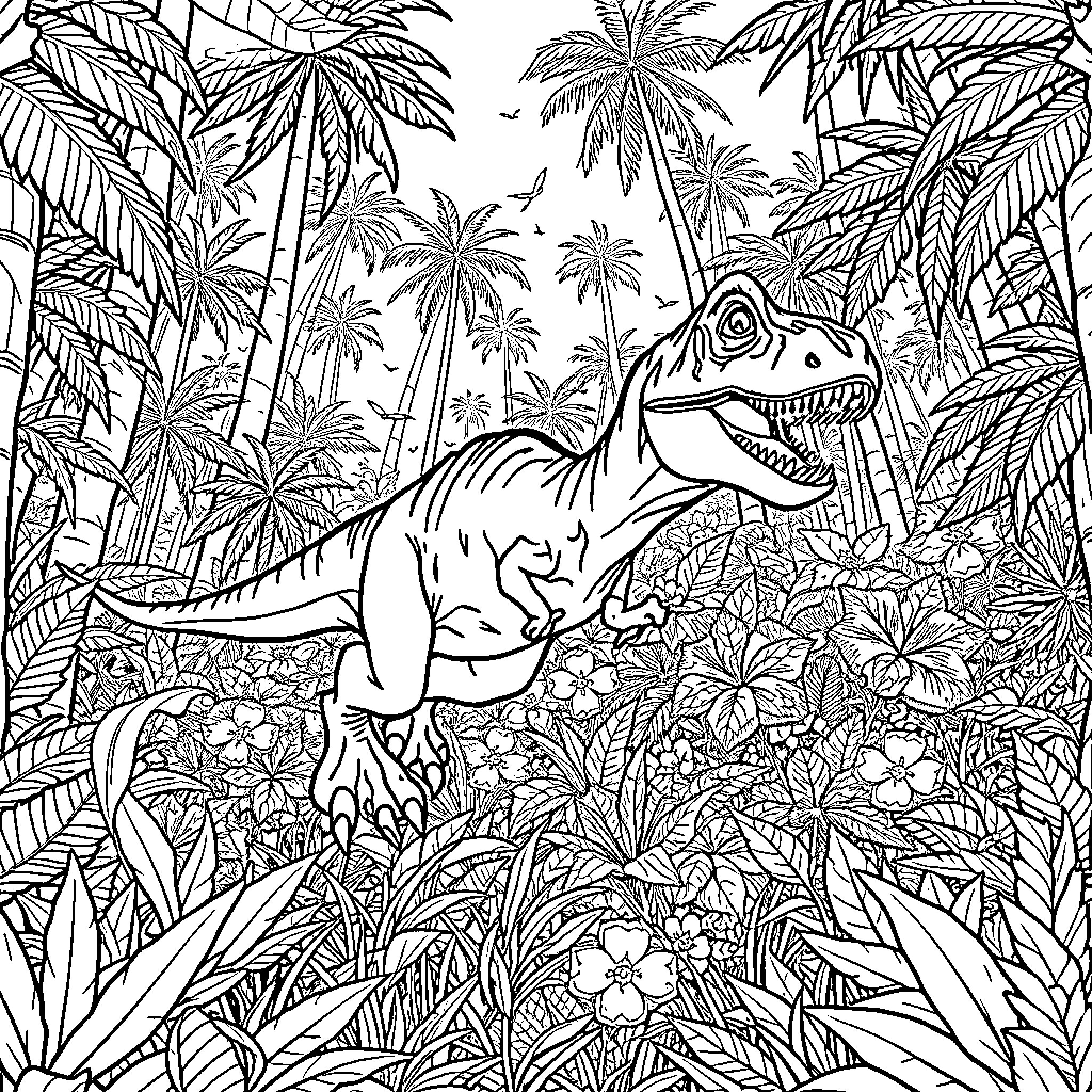 Velociraptor Stalking in the Lush Tropical Jungle Coloring Page (free black-and-white line drawing printable PDF for all, from beginners to advanced learners, including children, teens, adults, and seniors)