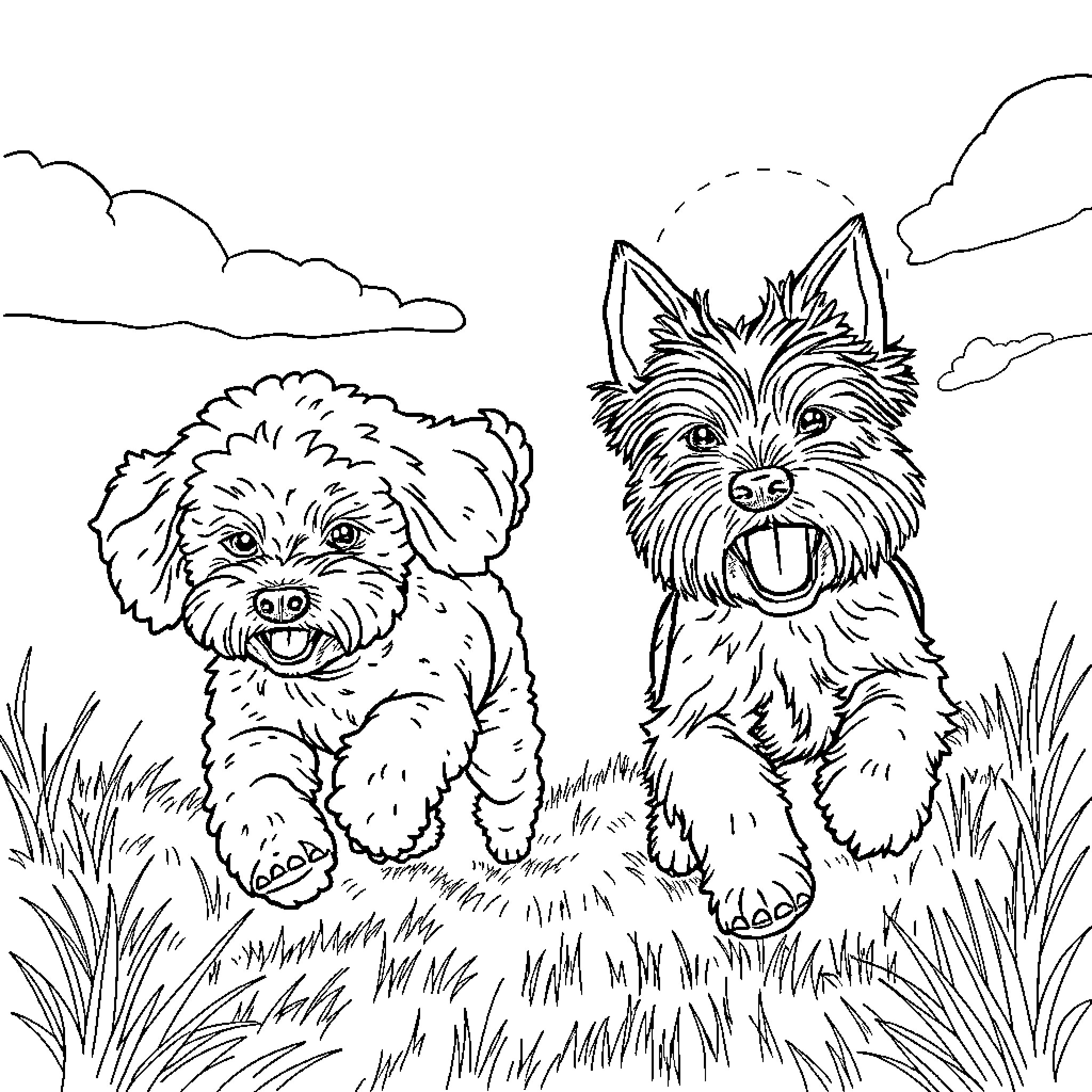 Poodle pals enjoy the outdoors Coloring Page (free black-and-white line drawing printable PDF for all, from beginners to advanced learners, including children, teens, adults, and seniors)