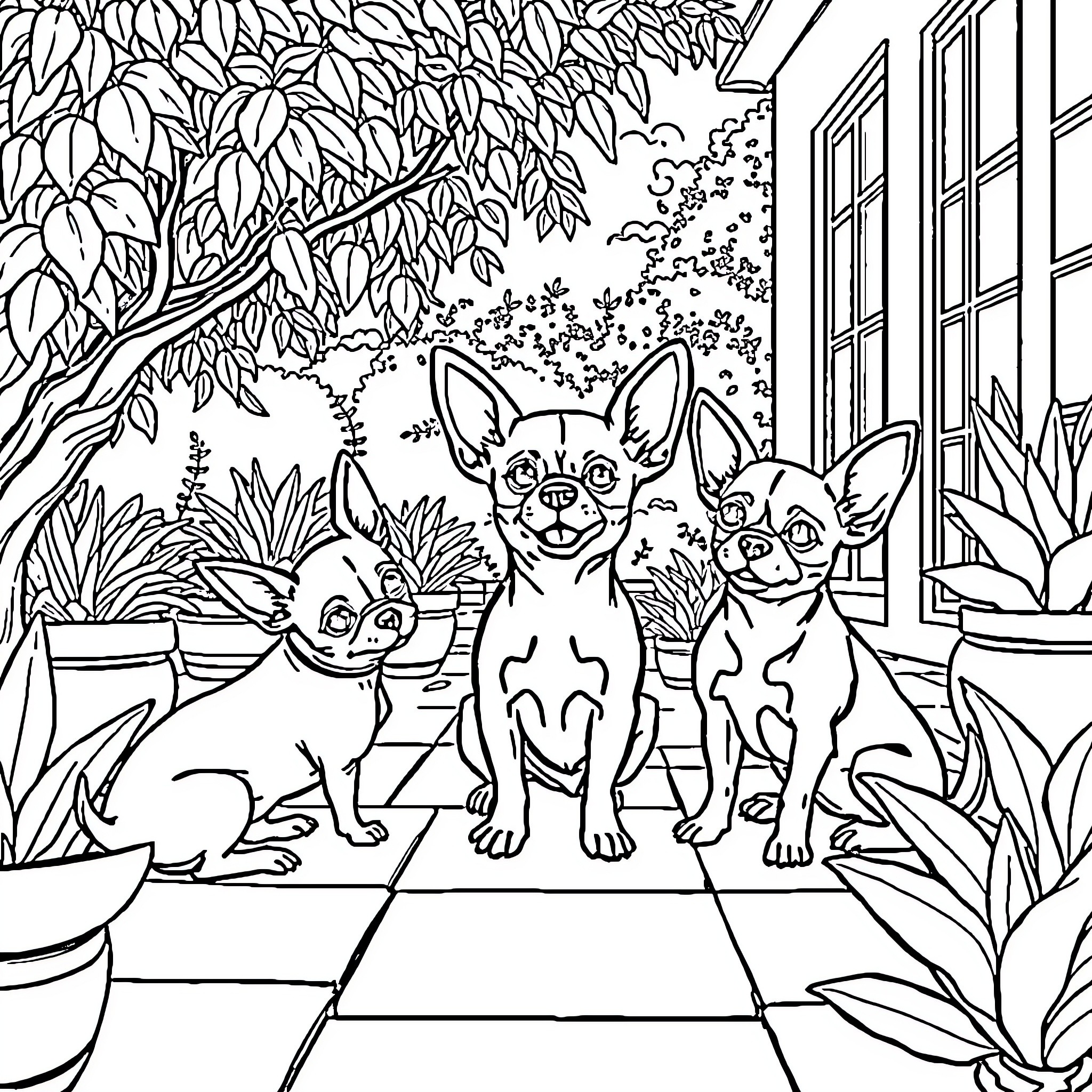 Chihuahuas playing in the garden Coloring Page (free black-and-white line drawing printable PDF for all, from beginners to advanced learners, including children, teens, adults, and seniors)